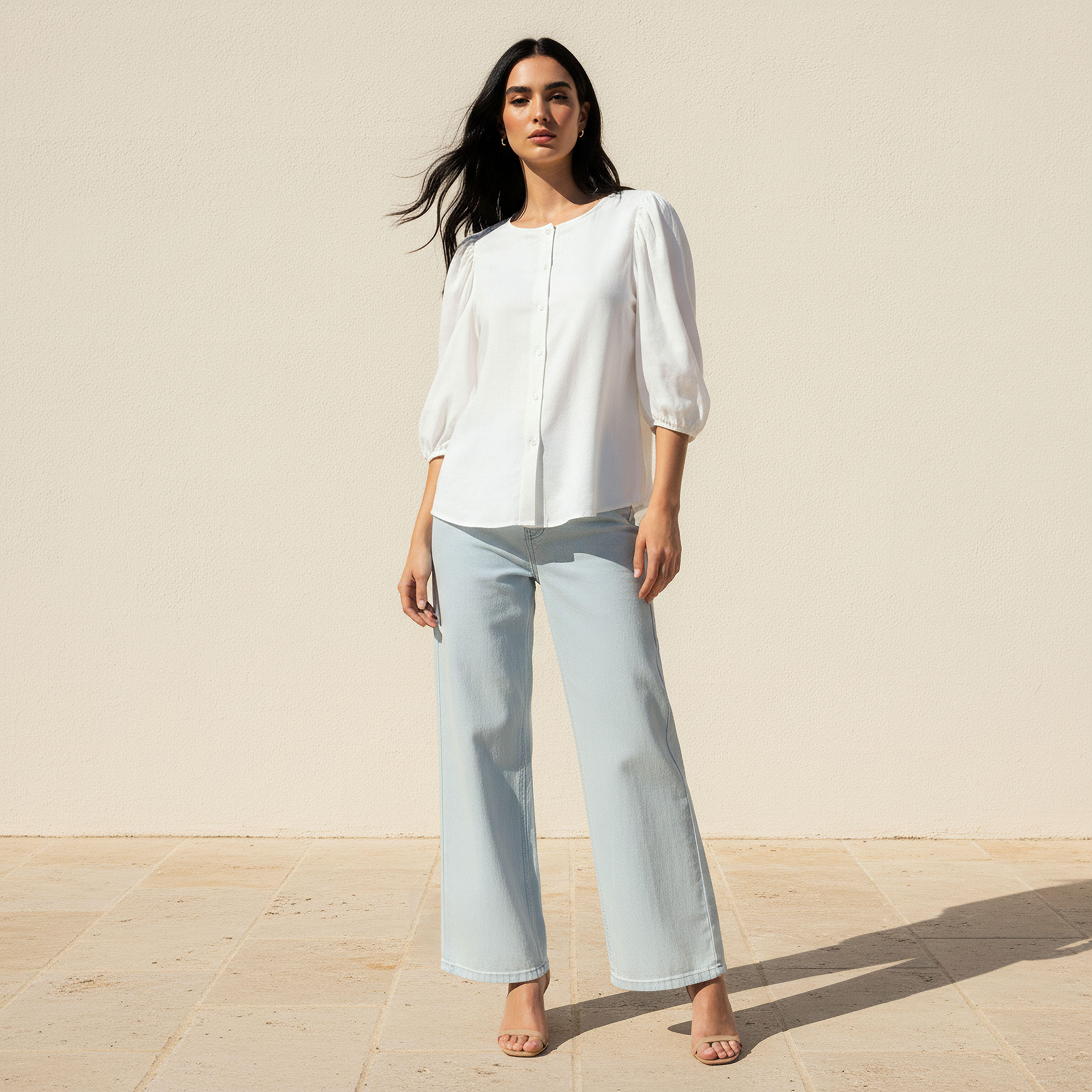Linen Blend Shirt with Balloon Sleeves-women-clothing-shirtsandblouses-shirts-image-3
