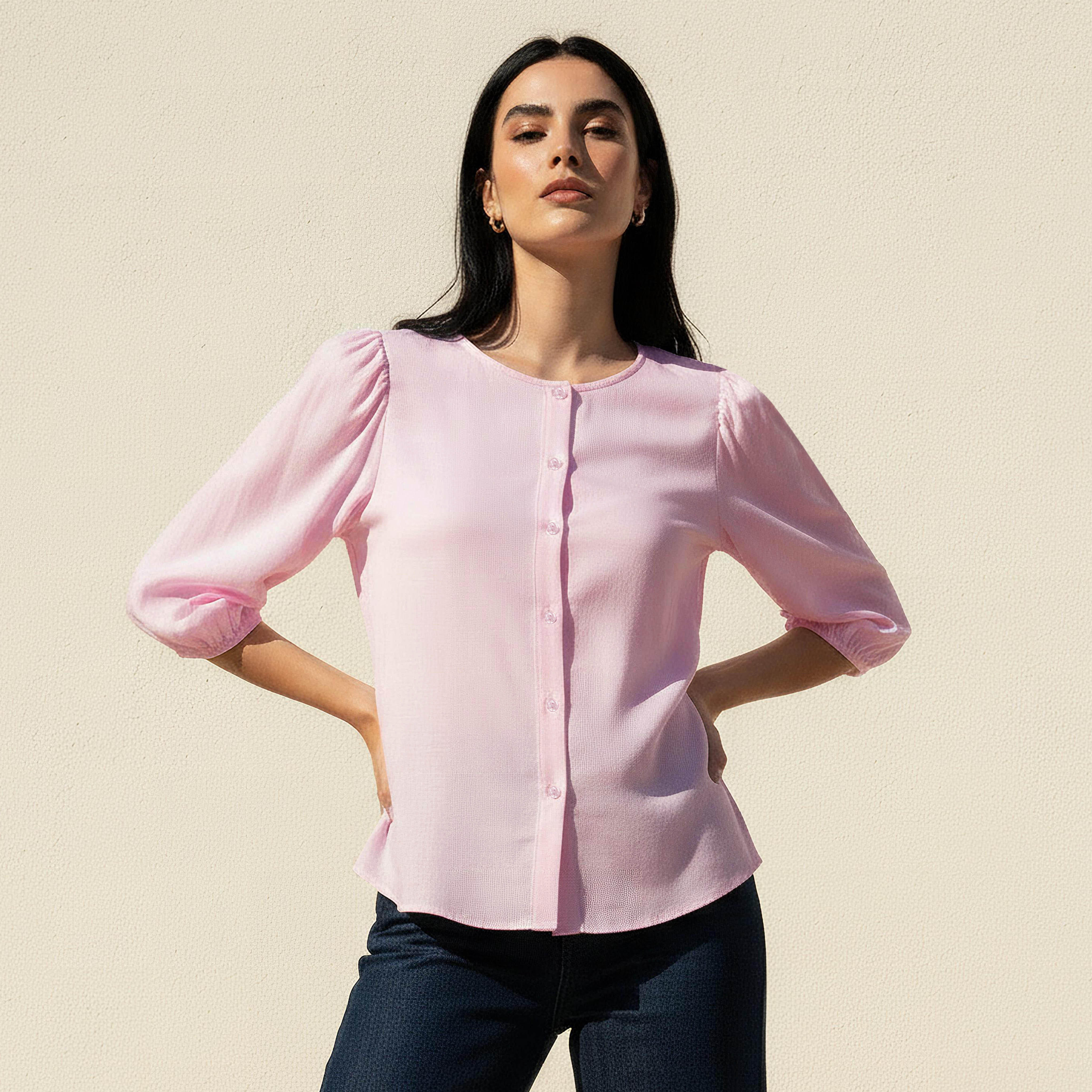 Linen Blend Shirt with Balloon Sleeves-women-clothing-shirtsandblouses-shirts-image-1
