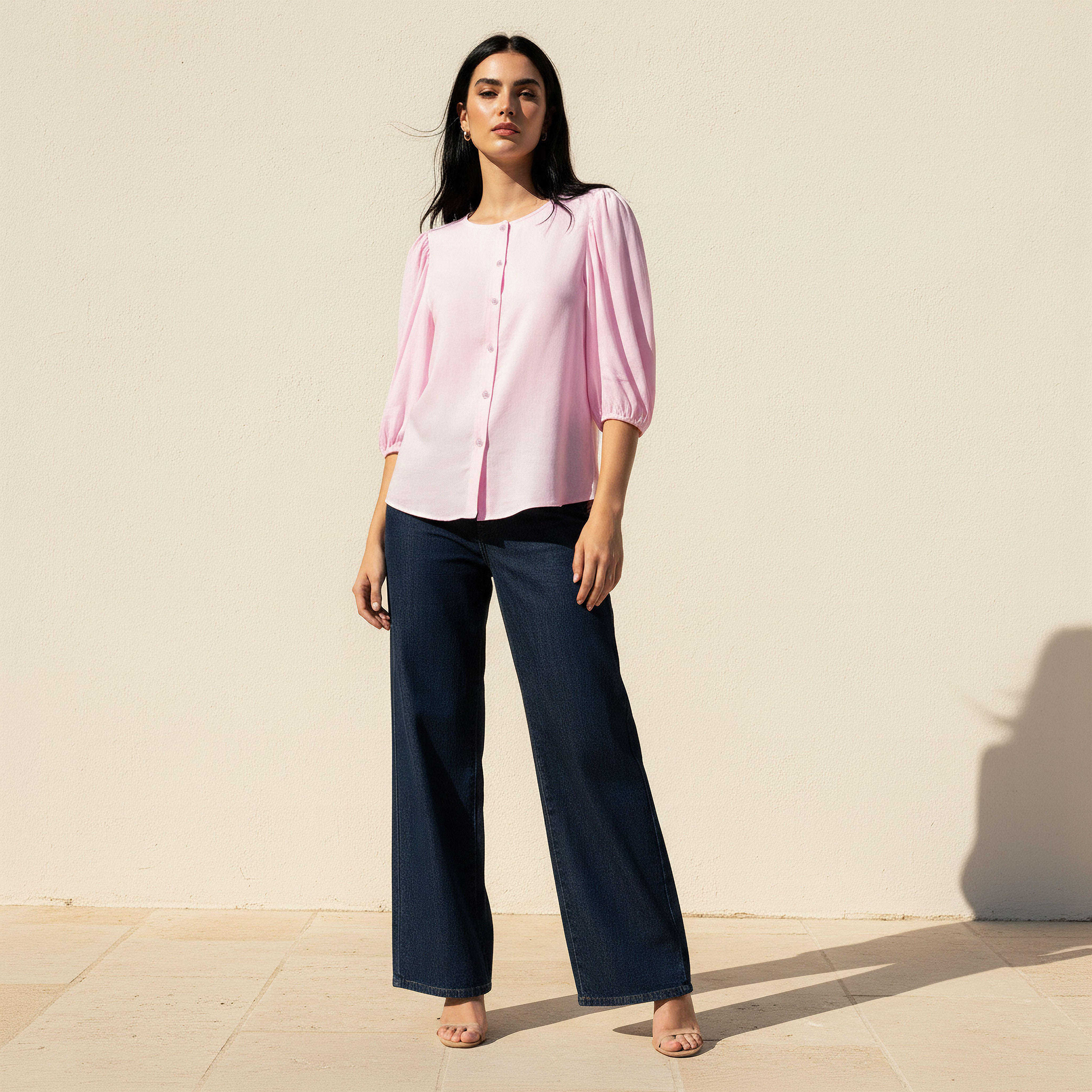 Linen Blend Shirt with Balloon Sleeves-women-clothing-shirtsandblouses-shirts-image-3