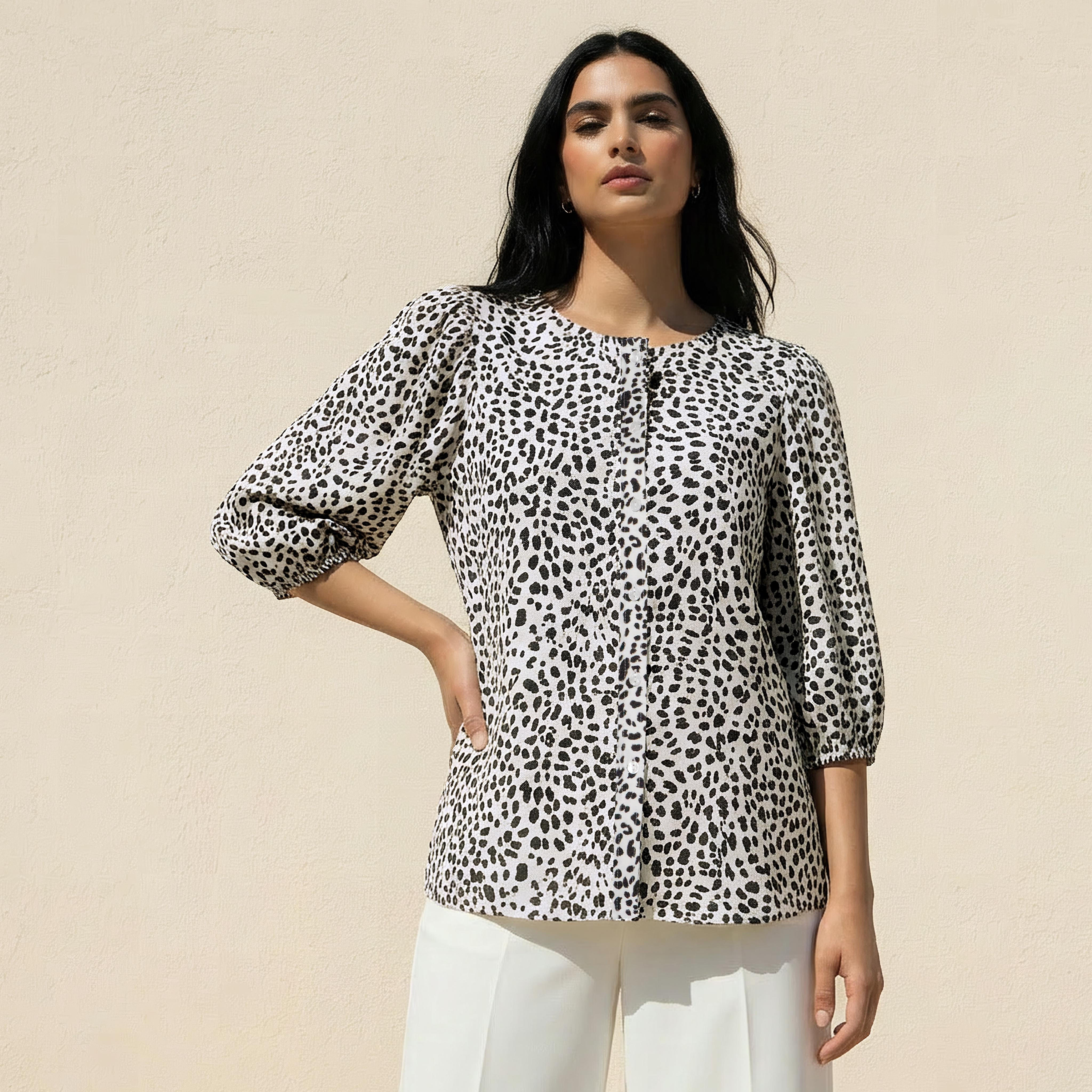 قميص من مزيج الكتان بأكمام بالون وطبعات حيوانات-women-clothing-shirtsandblouses-shirts-image-1