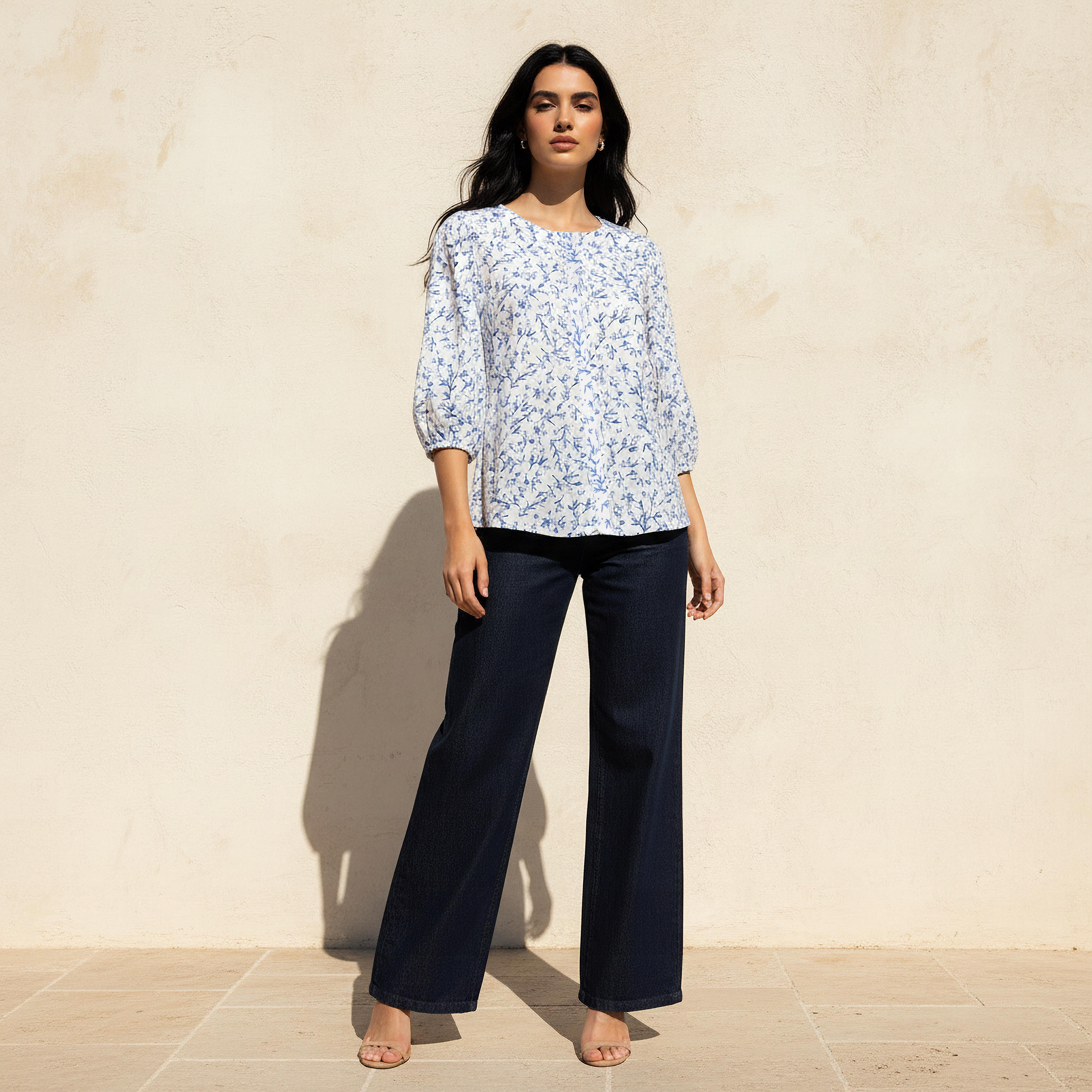 Linen Blend Floral Print Shirt with Balloon Sleeves-women-clothing-shirtsandblouses-shirts-image-3