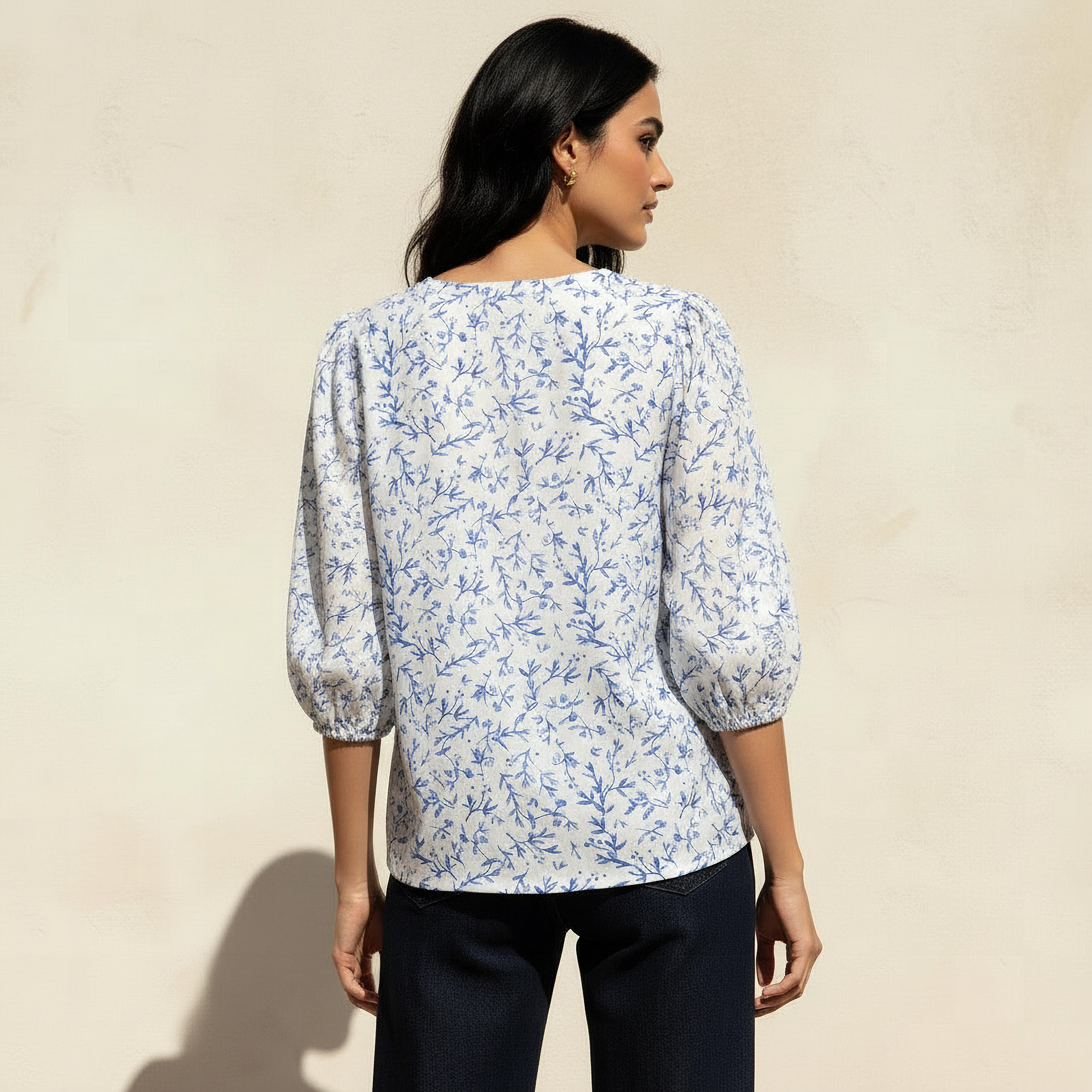 Linen Blend Floral Print Shirt with Balloon Sleeves-women-clothing-shirtsandblouses-shirts-image-4