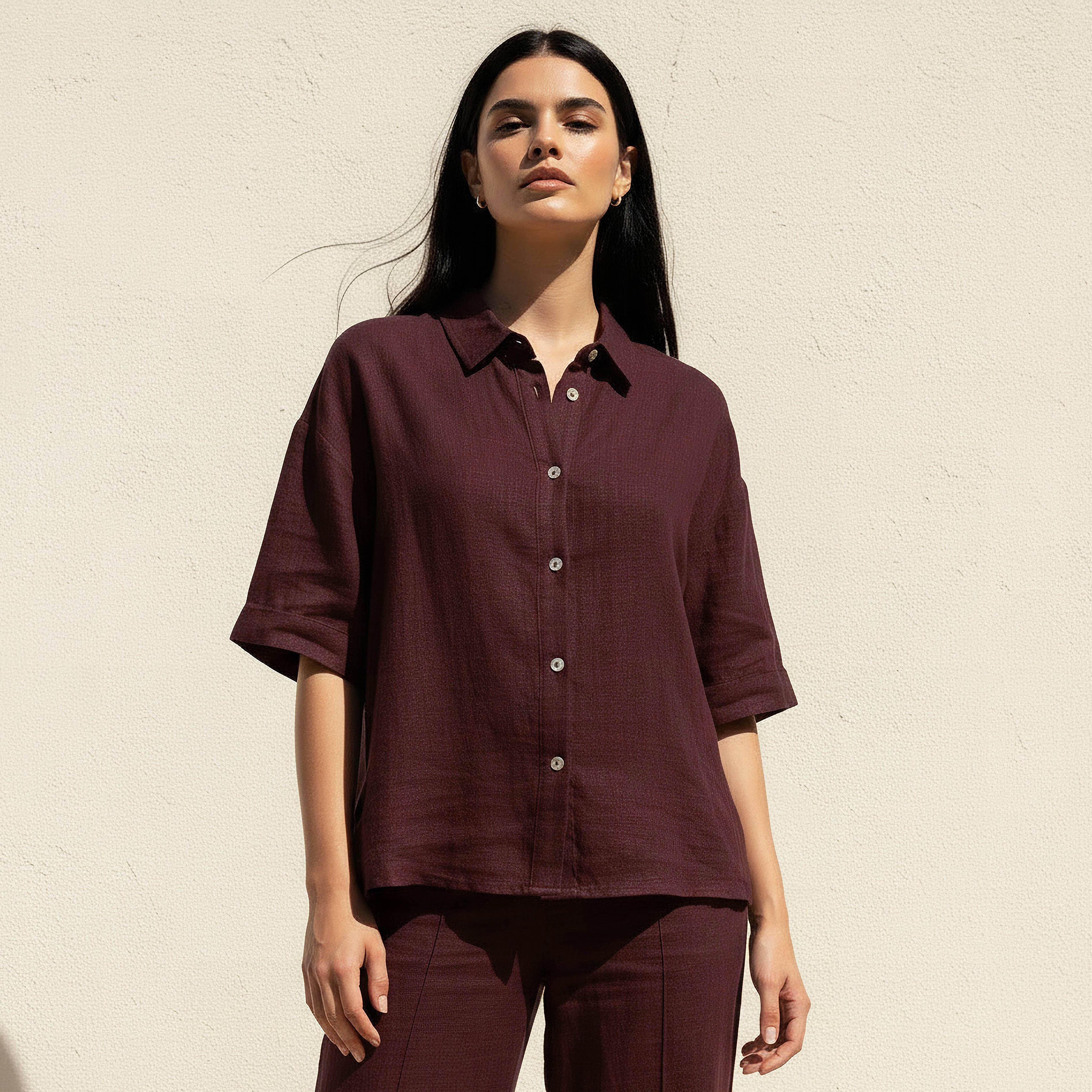 Linen Blend Shirt with Dropped Sleeves-women-clothing-shirtsandblouses-shirts-image-1