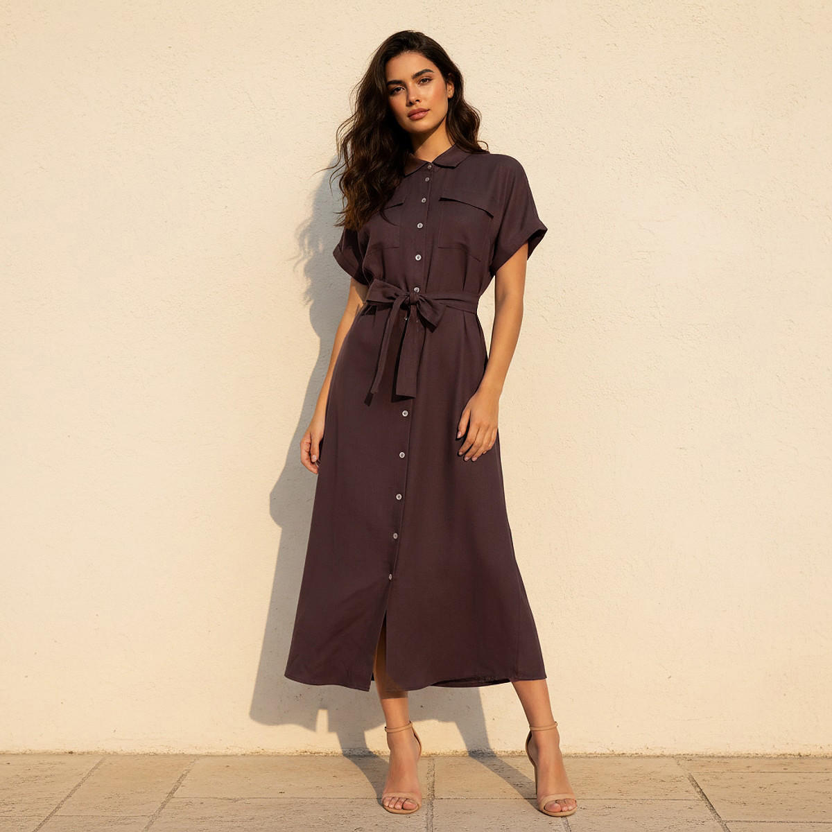 Midi Linen Blend Shirt Dress with Tie-Up Belt-women-clothing-dresses-image-1