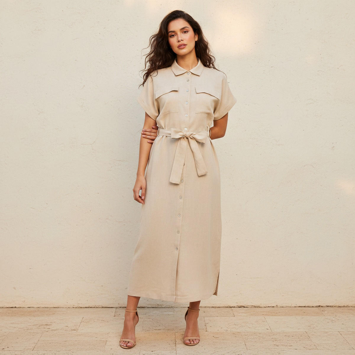 Midi Linen Blend Shirt Dress with Tie-Up Belt-women-clothing-dresses-image-1