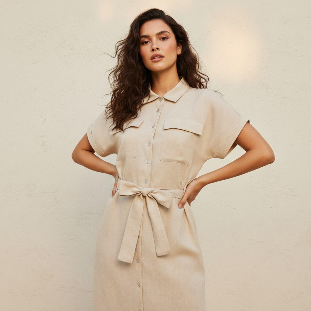 Midi Linen Blend Shirt Dress with Tie-Up Belt-women-clothing-dresses-image-3