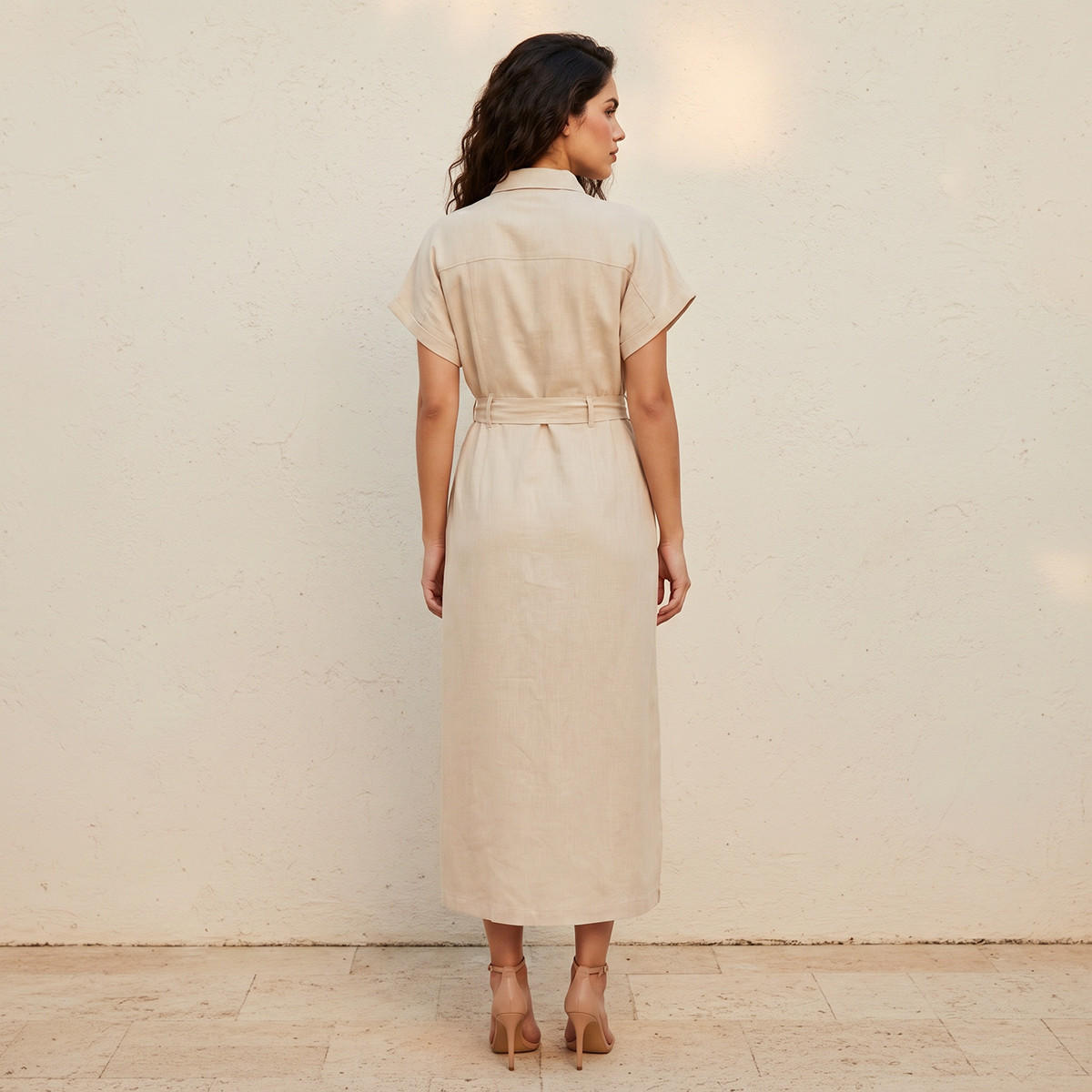Midi Linen Blend Shirt Dress with Tie-Up Belt-women-clothing-dresses-image-4