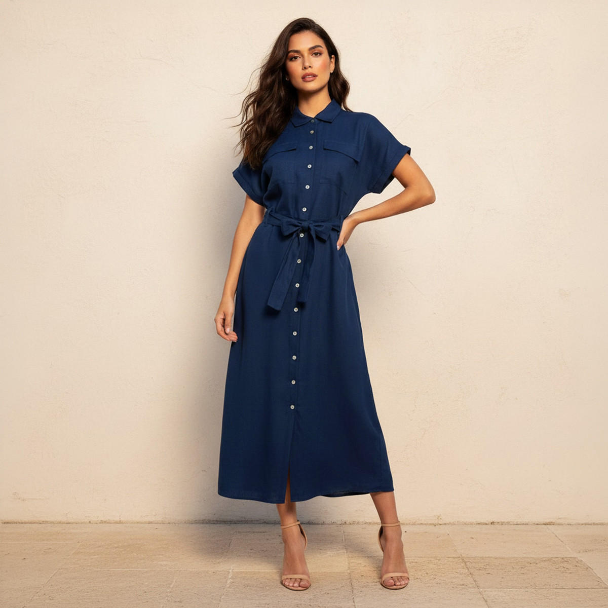 Midi Linen Blend Shirt Dress with Tie-Up Belt-women-clothing-dresses-image-1