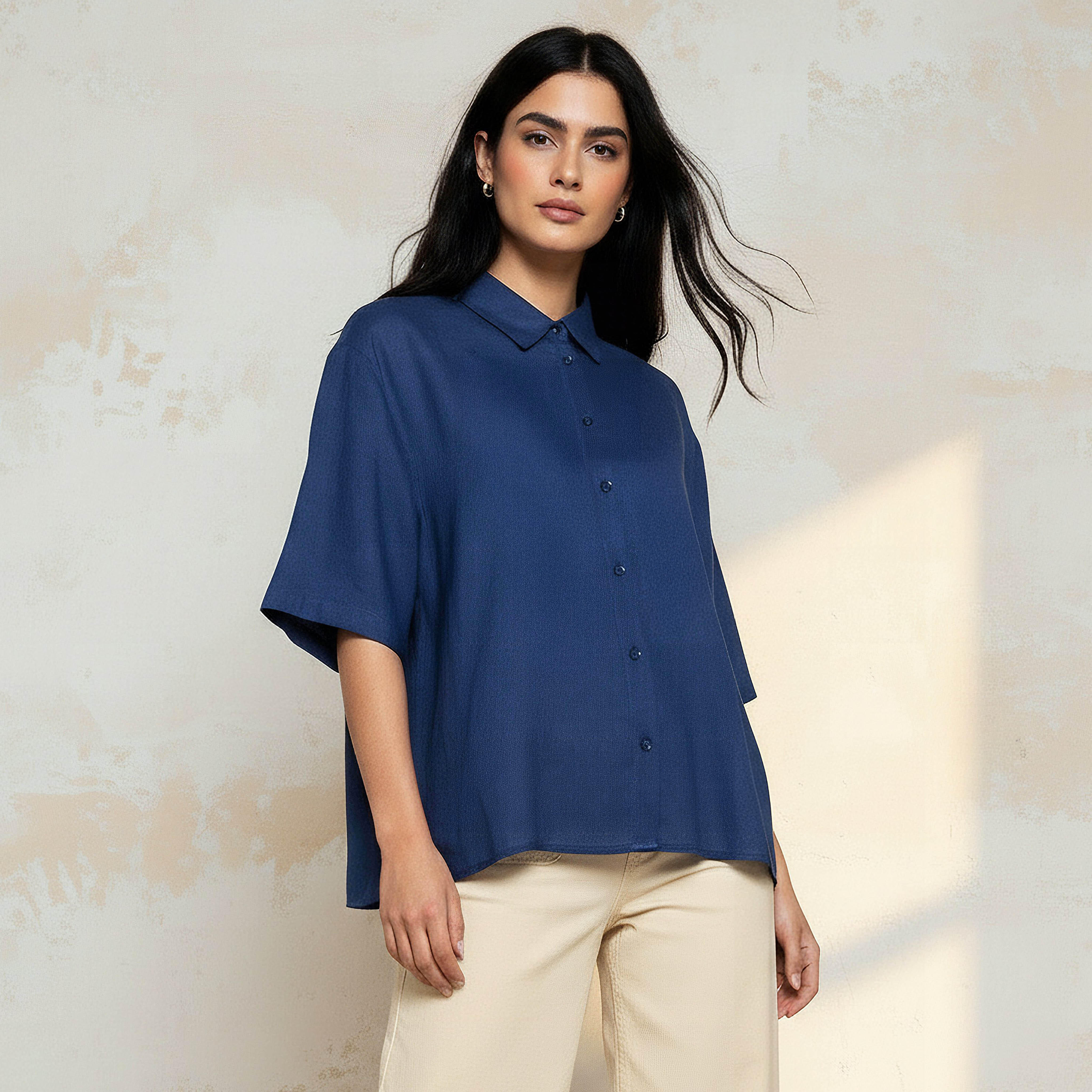Linen Blend Shirt with Short Sleeves-women-clothing-shirtsandblouses-shirts-image-1