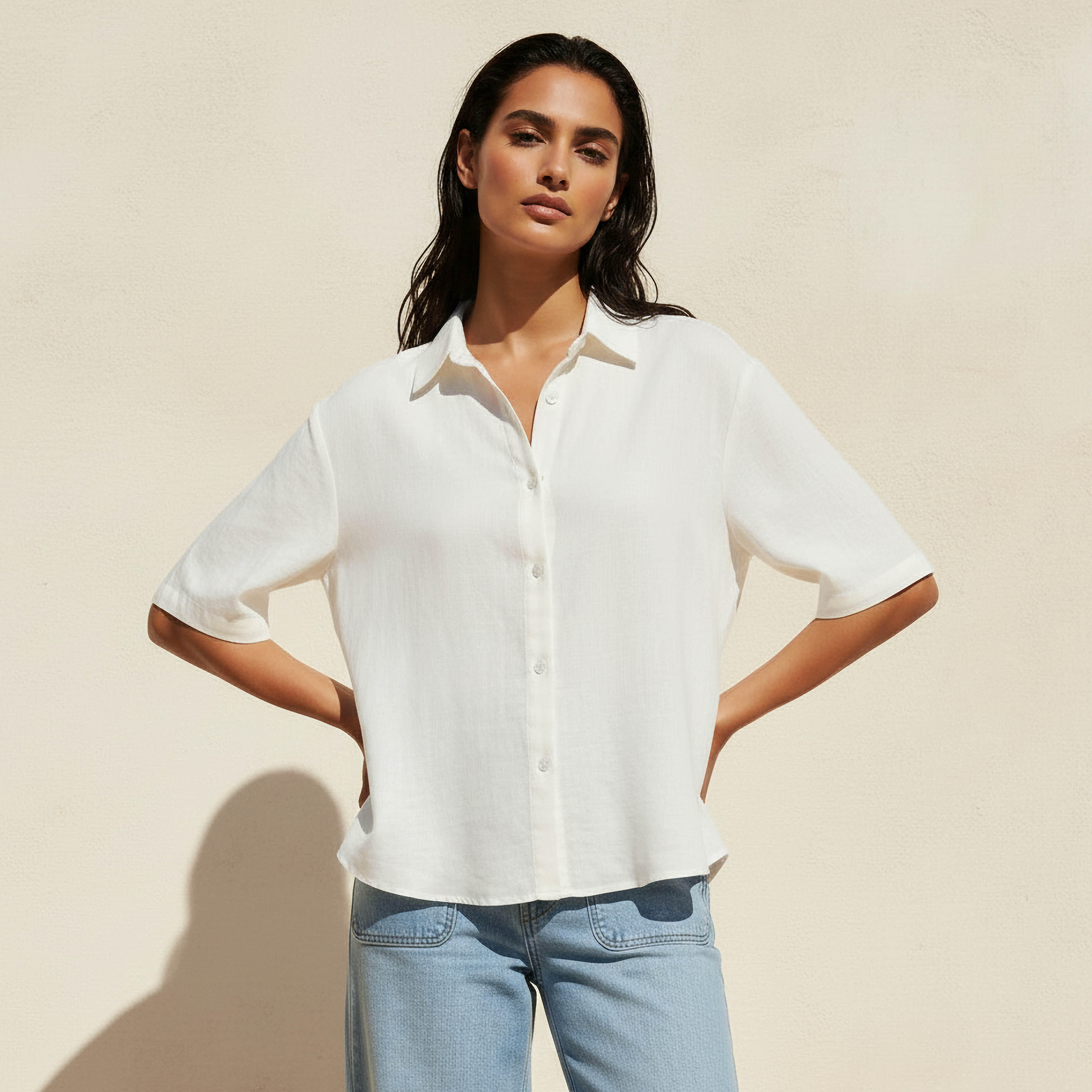 Linen Blend Shirt with Short Sleeves-women-clothing-shirtsandblouses-shirts-image-1