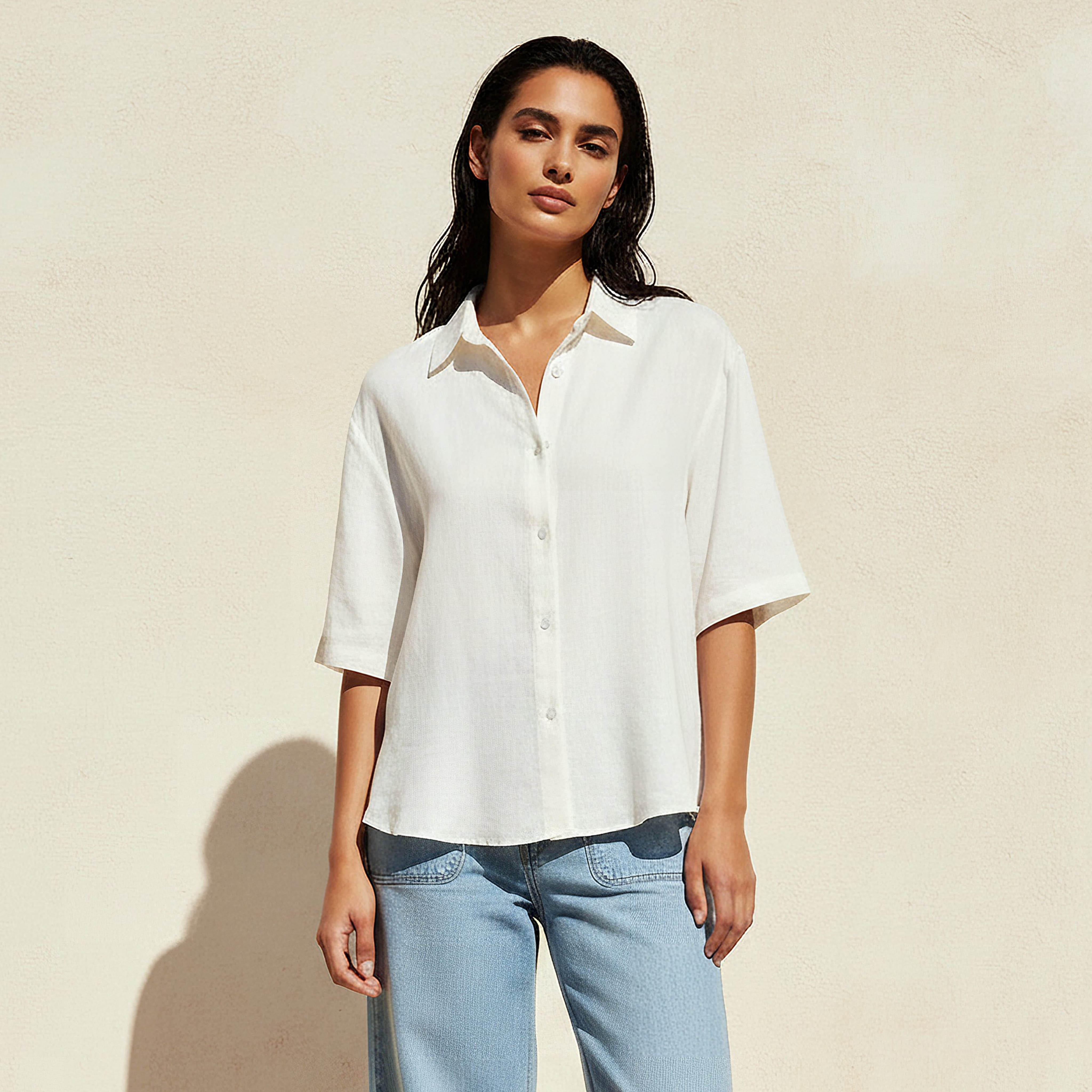 Linen Blend Shirt with Short Sleeves-women-clothing-shirtsandblouses-shirts-image-5