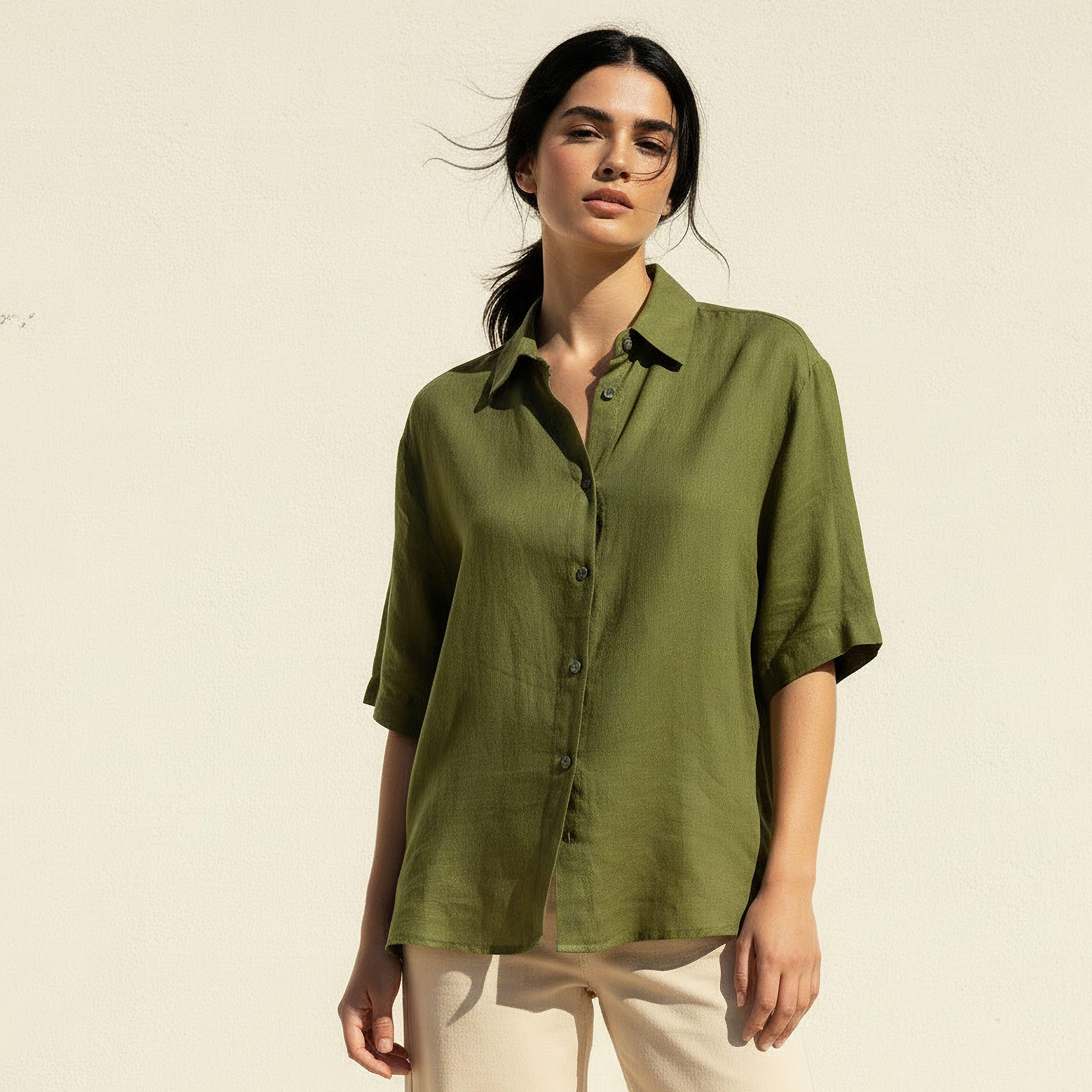 Linen Blend Shirt with Short Sleeves-women-clothing-shirtsandblouses-shirts-image-1