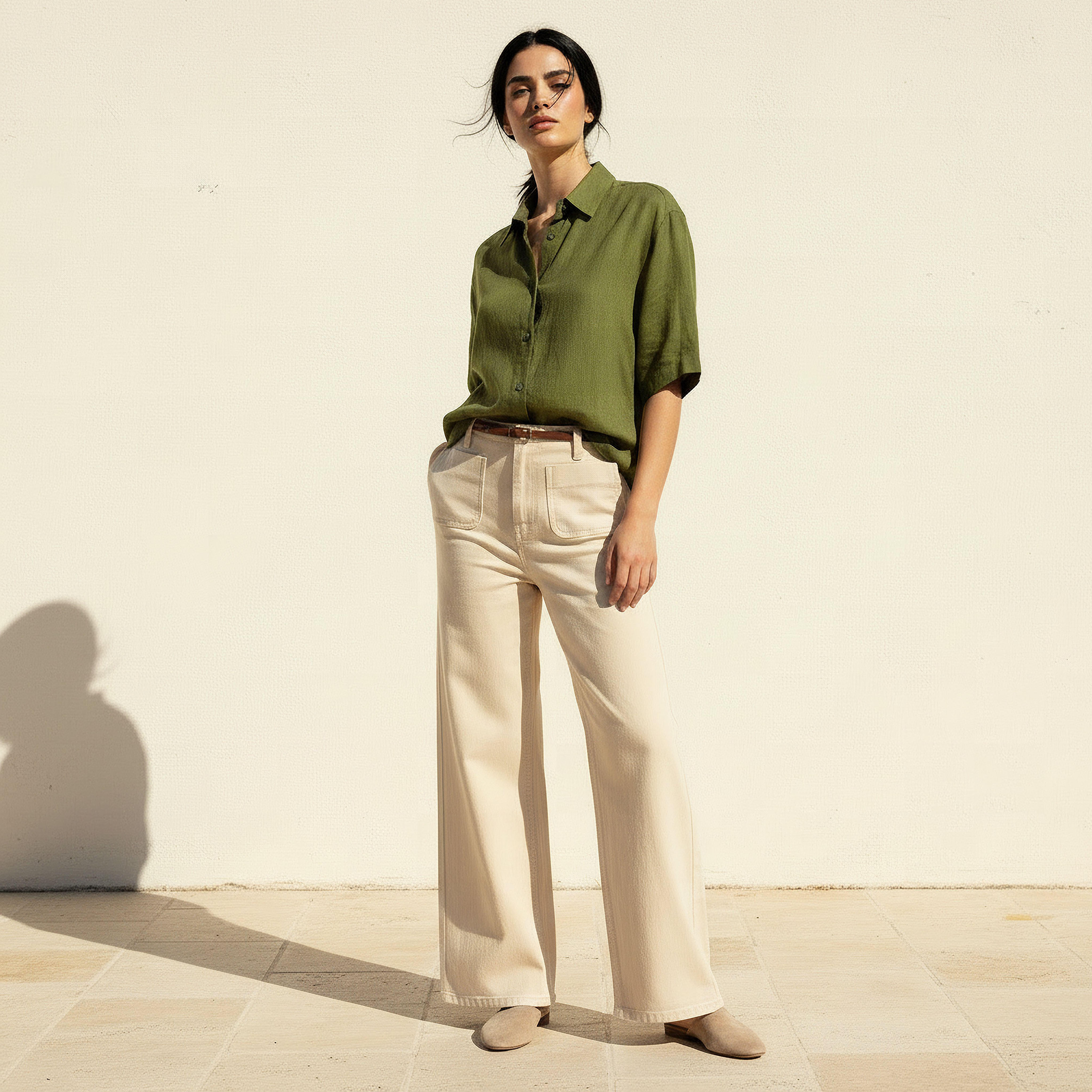 Linen Blend Shirt with Short Sleeves-women-clothing-shirtsandblouses-shirts-image-3