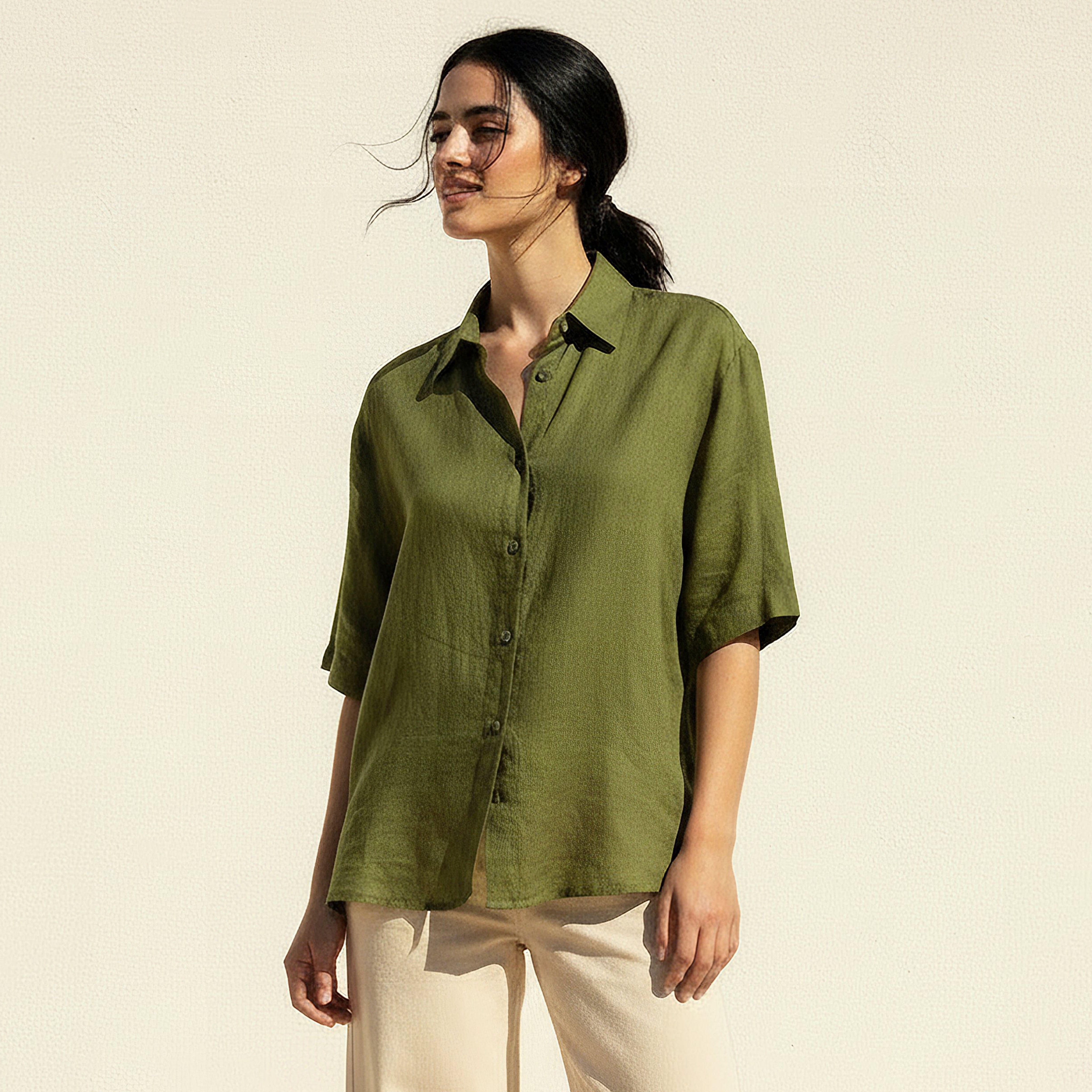 Linen Blend Shirt with Short Sleeves-women-clothing-shirtsandblouses-shirts-image-5
