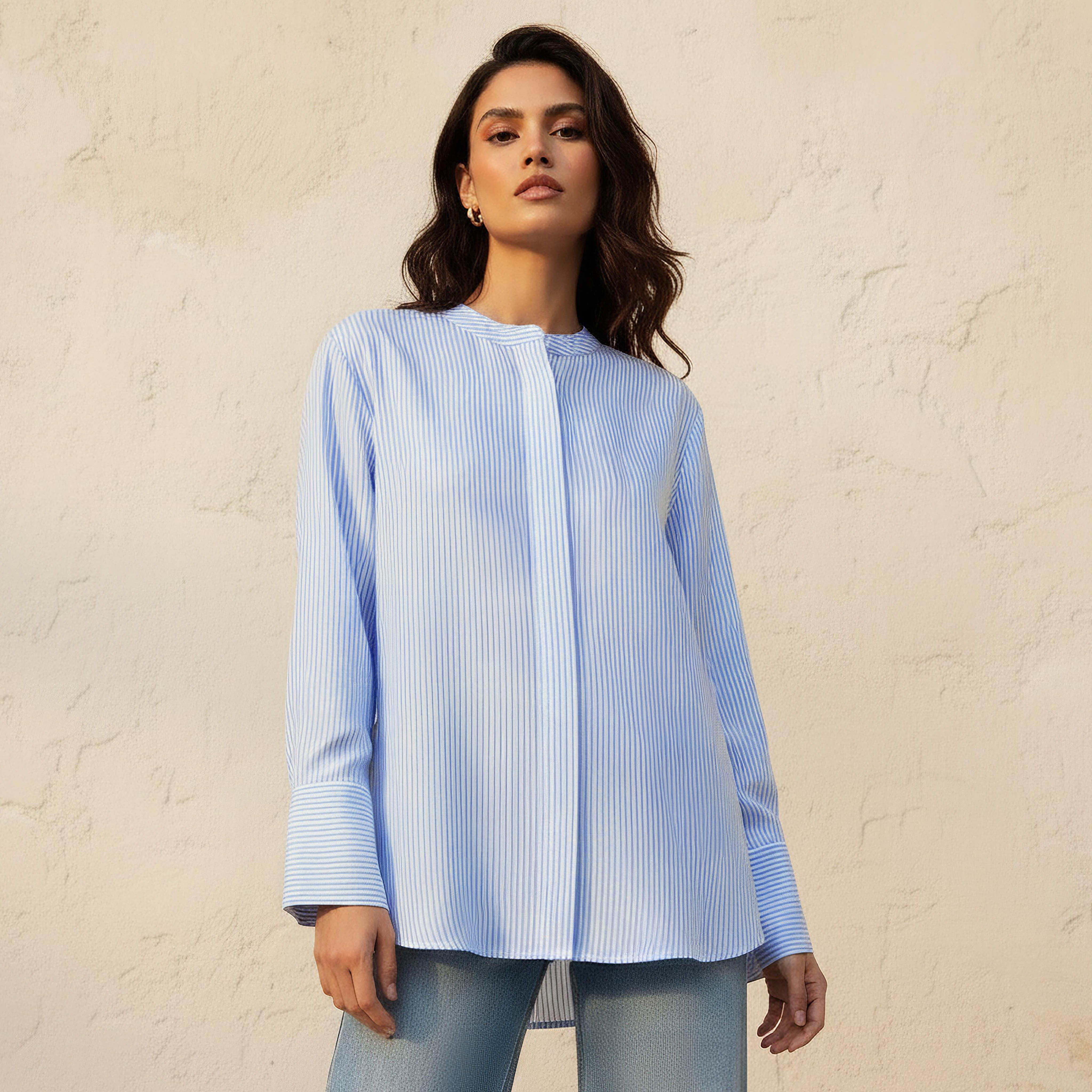 Mandarin Neck Shirt with Stripes-women-clothing-shirtsandblouses-shirts-image-1