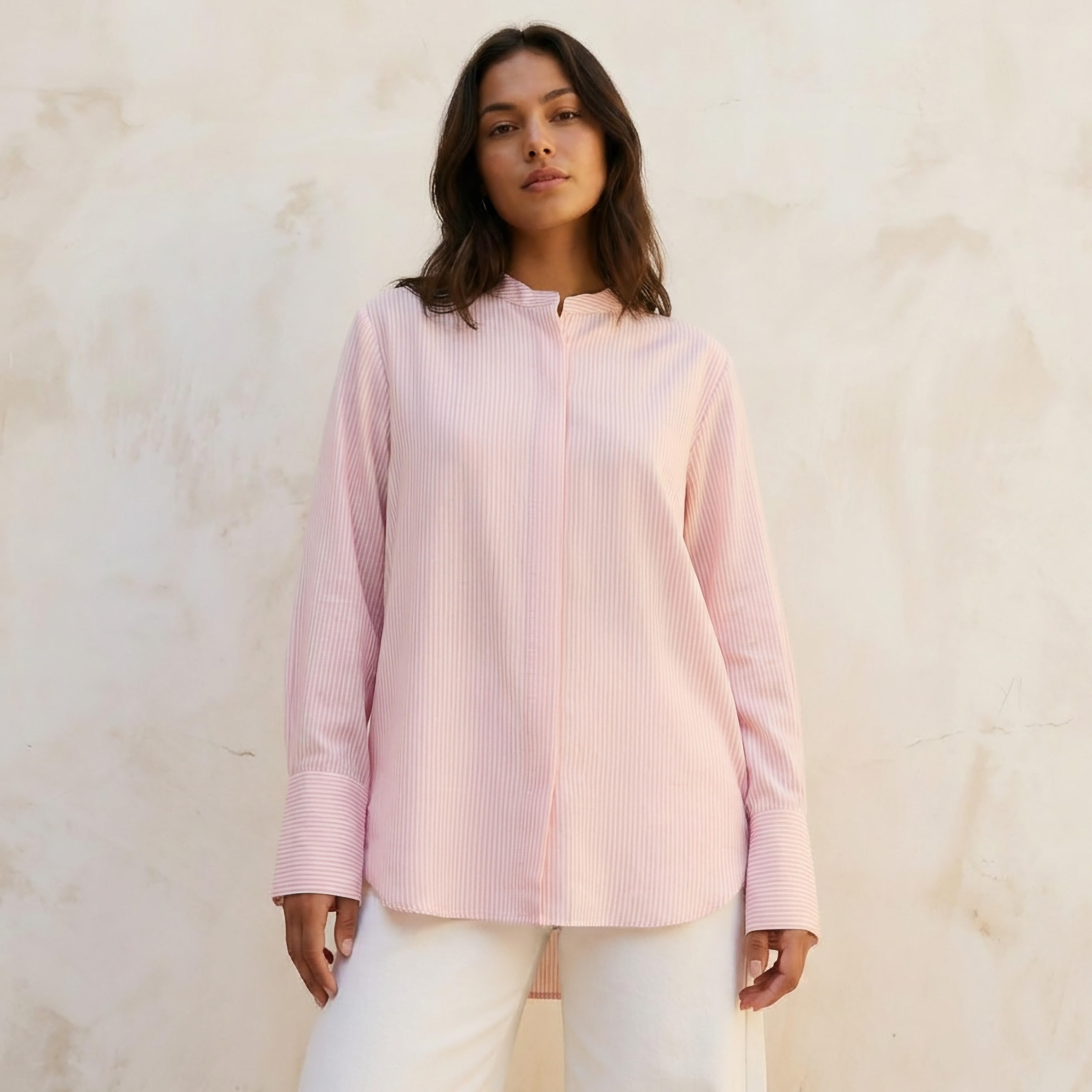 Mandarin Neck Shirt with Stripes-women-clothing-shirtsandblouses-shirts-image-1