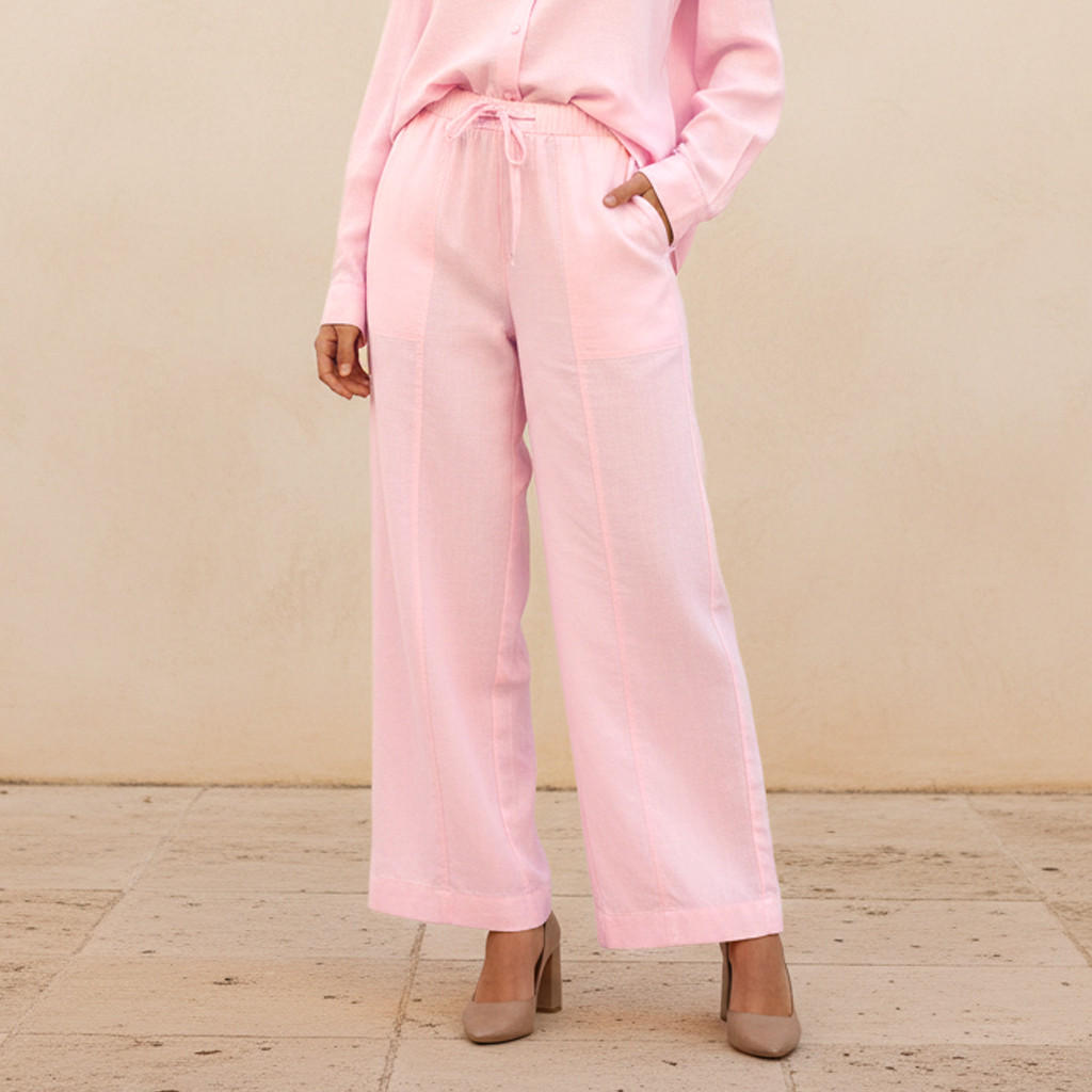 Wide Leg Flexi Waist Cut and Sew Linen Blend Pants-women-clothing-coordsets-image-1