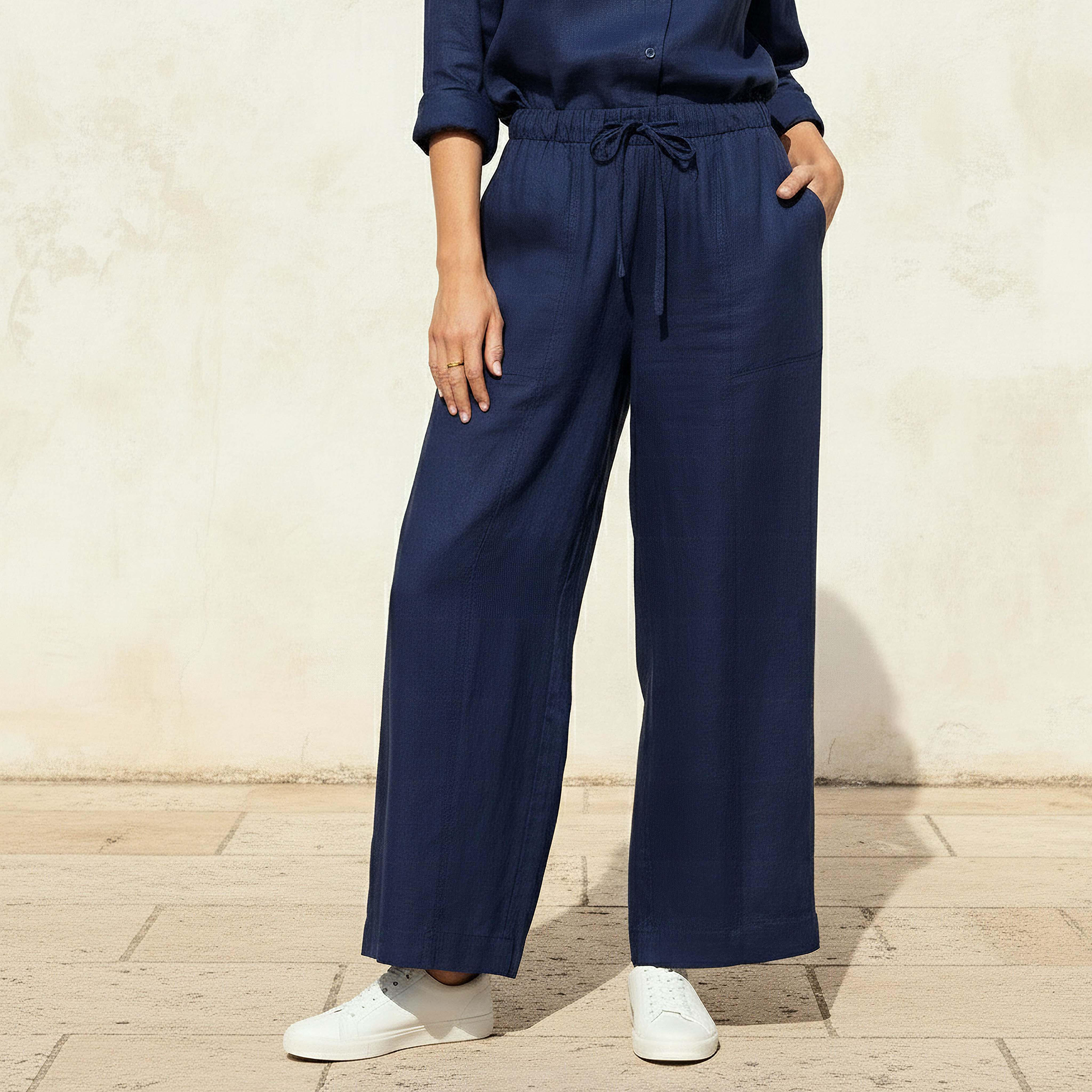 Wide Leg Flexi Waist Cut and Sew Linen Blend Pants-women-clothing-coordsets-image-1