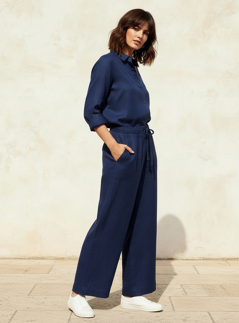 Wide Leg Flexi Waist Cut and Sew Linen Blend Pants-women-clothing-coordsets-image-3