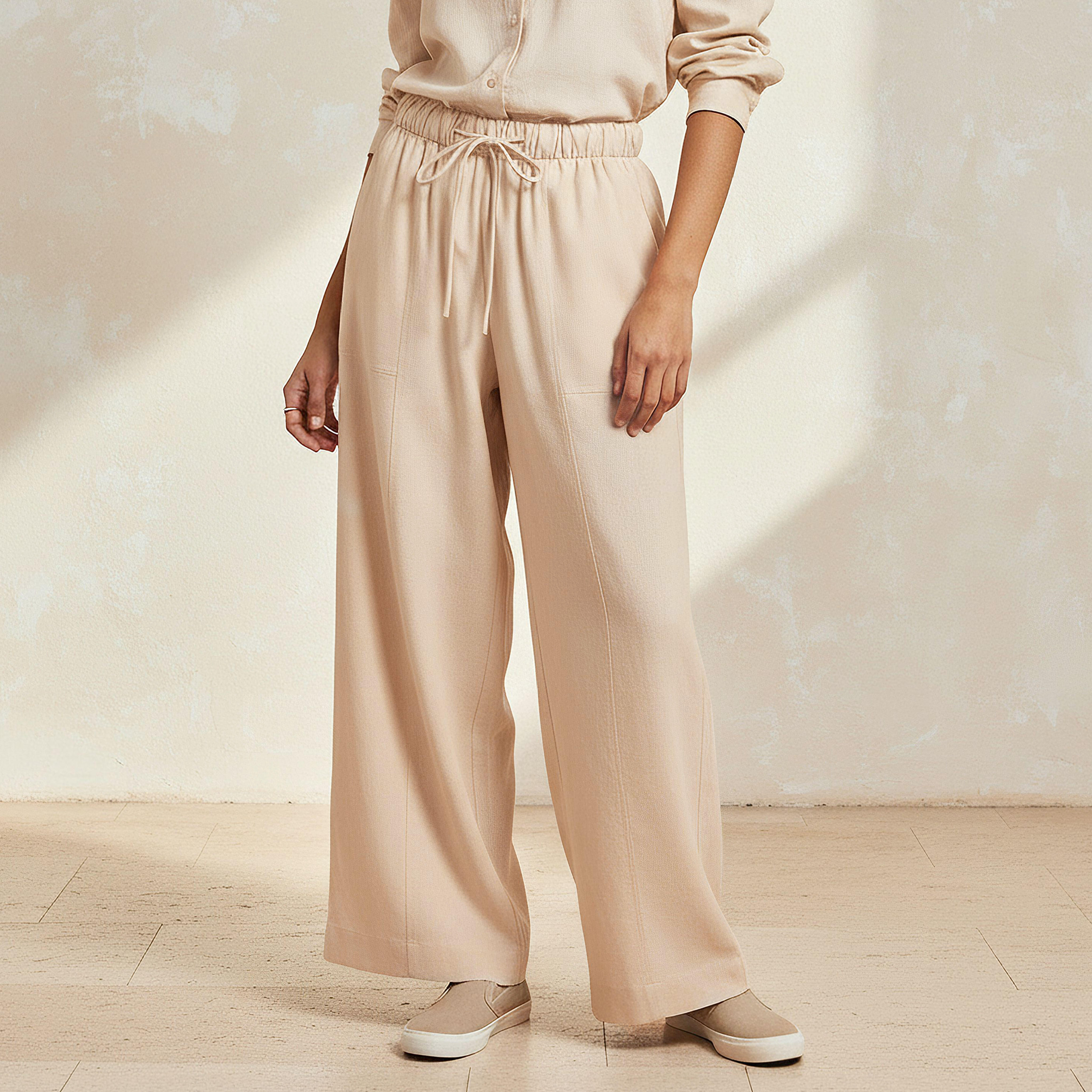 Wide Leg Flexi Waist Cut and Sew Linen Blend Pants-women-clothing-coordsets-image-1