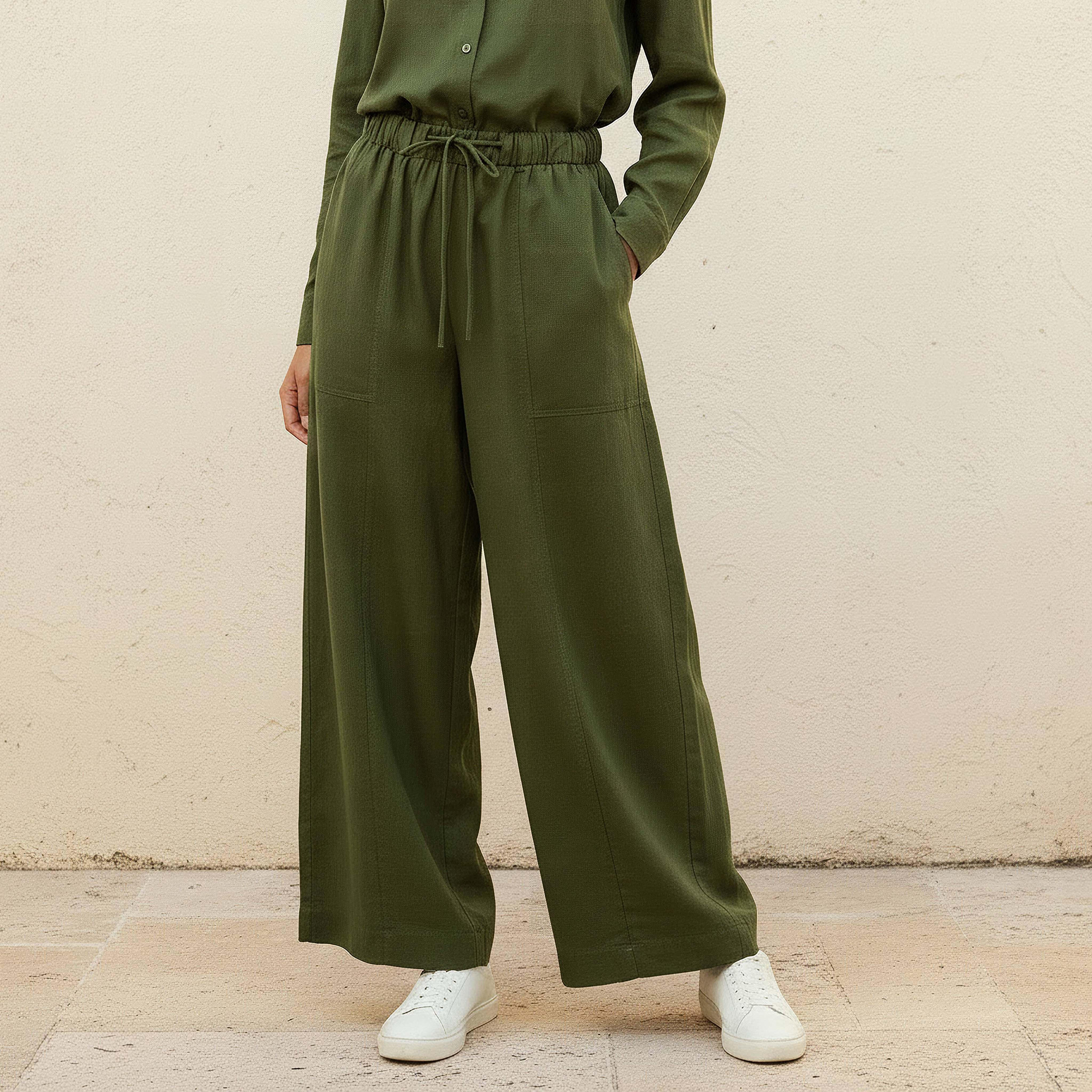 بنطلون واسع الساقين من مزيج الكتان بخصر مرن وتفاصيل مقطوعة ومخيطة-women-clothing-coordsets-image-1