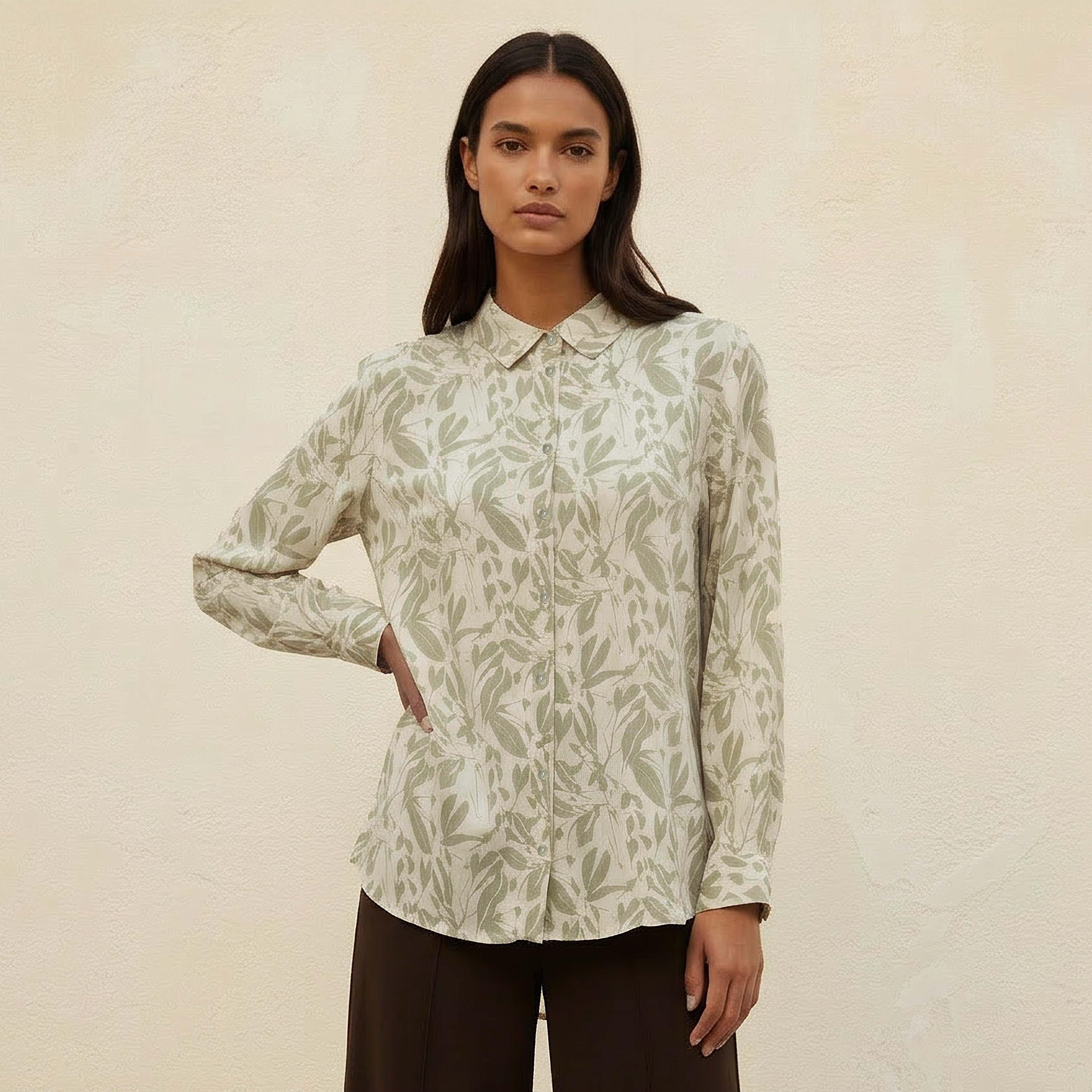 Viscose High-Low Hemline Shirt with Leaf Print-women-clothing-shirtsandblouses-shirts-image-1