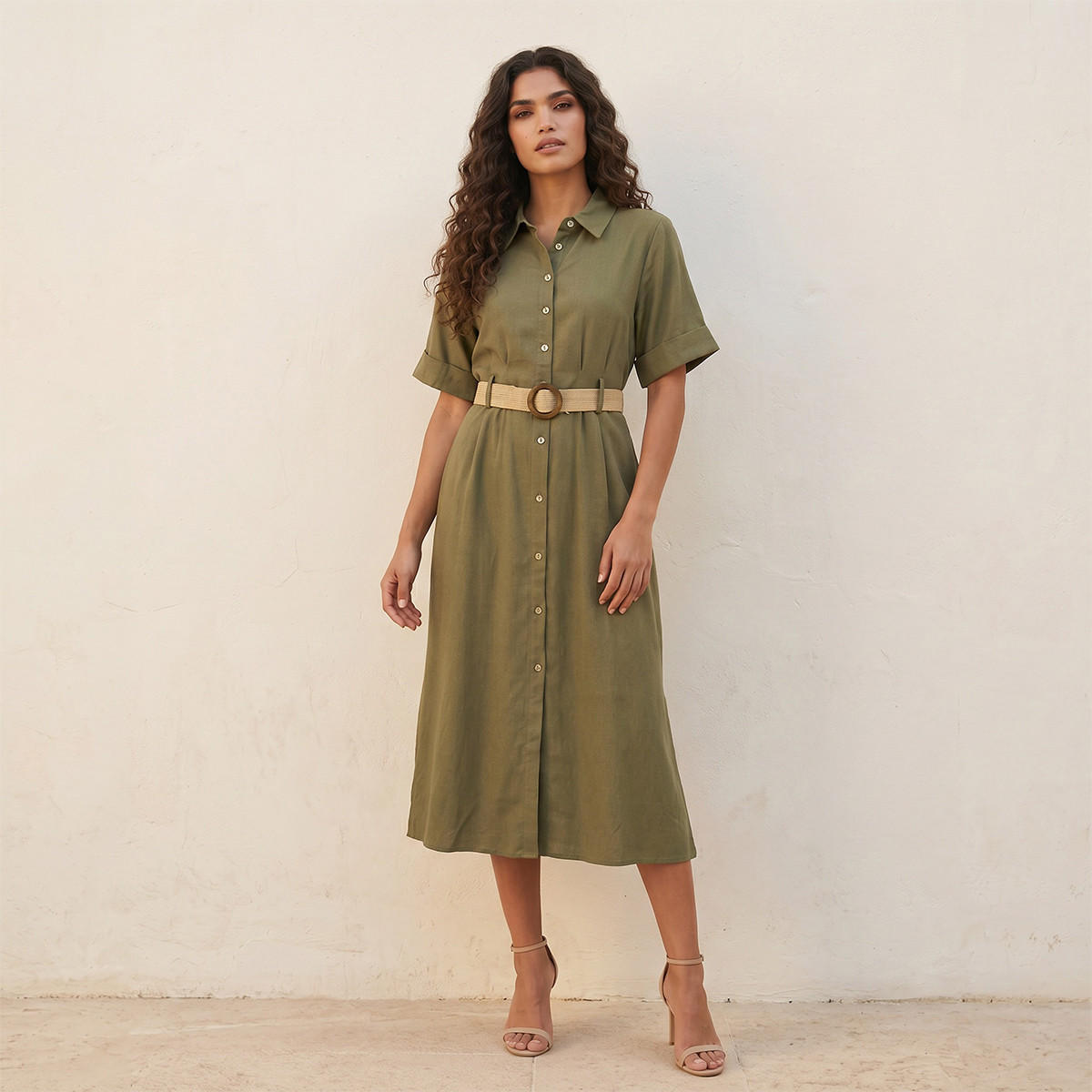 فستان قميص ميدي إيه لاين بحزام من سبلاش بيسك-women-clothing-dresses-image-1
