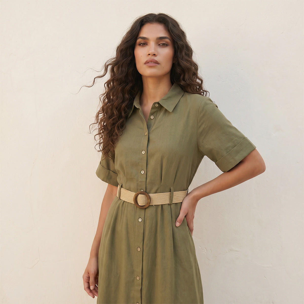 فستان قميص ميدي إيه لاين بحزام من سبلاش بيسك-women-clothing-dresses-image-5