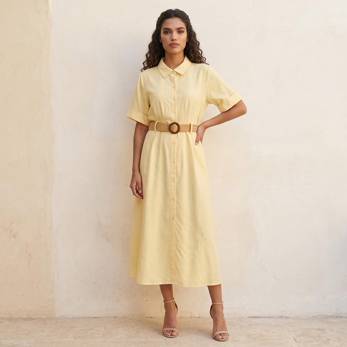 فستان قميص ميدي إيه لاين بحزام من سبلاش بيسك-women-clothing-dresses-image-1
