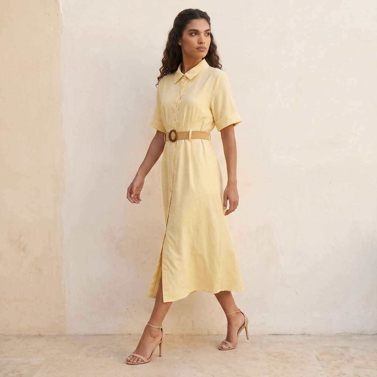 فستان قميص ميدي إيه لاين بحزام من سبلاش بيسك-women-clothing-dresses-image-3