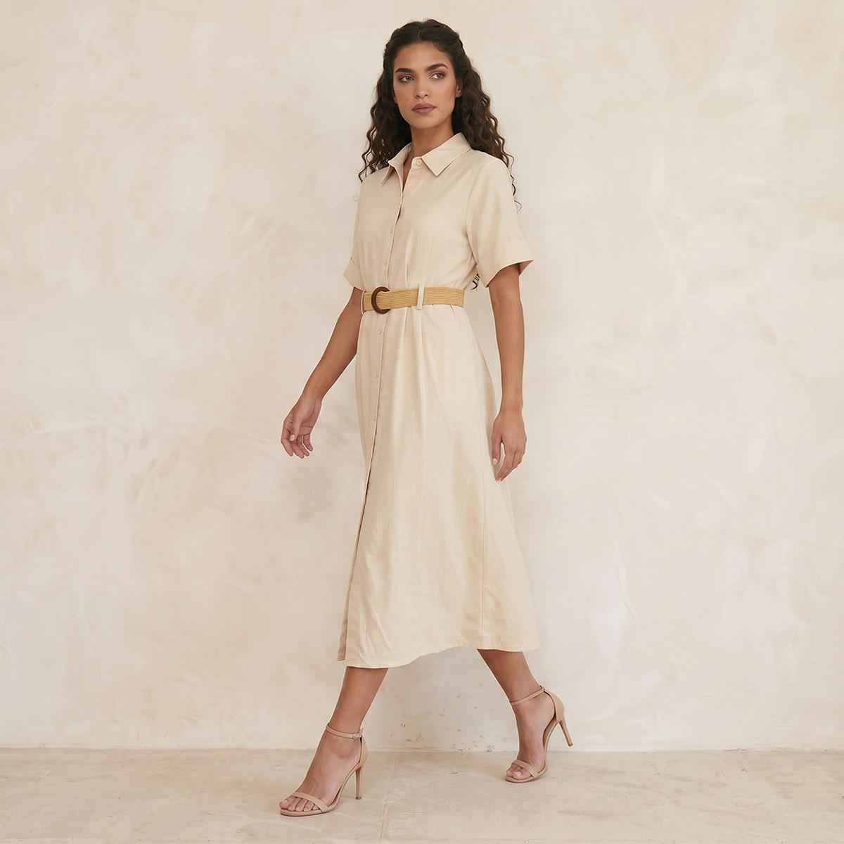 فستان قميص ميدي إيه لاين بحزام من سبلاش بيسك-women-clothing-dresses-image-3