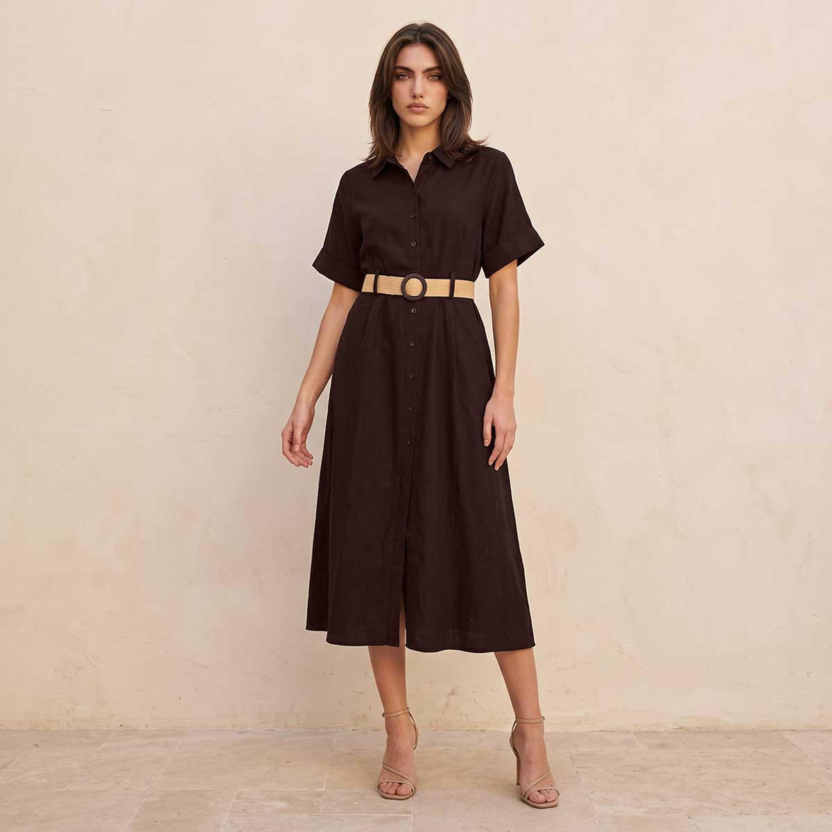 فستان قميص ميدي إيه لاين بحزام من سبلاش بيسك-women-clothing-dresses-image-1