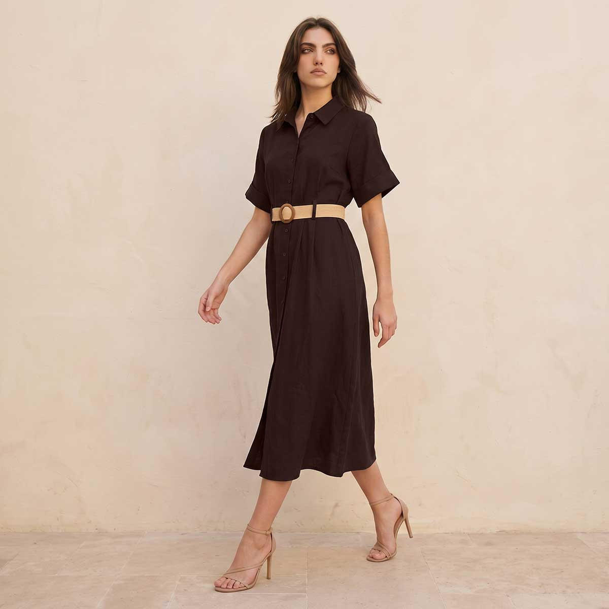 فستان قميص ميدي إيه لاين بحزام من سبلاش بيسك-women-clothing-dresses-image-3