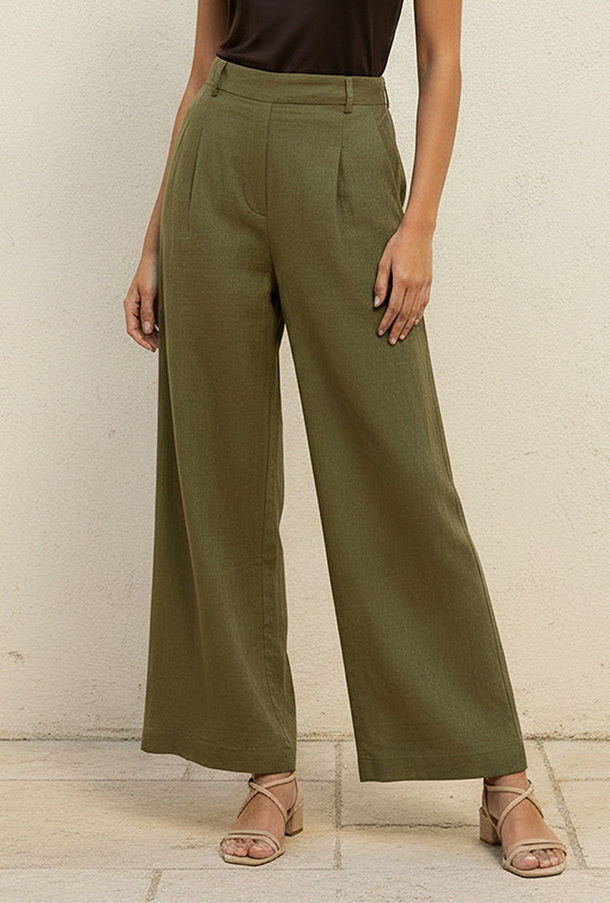Flexi Waist Linen Blend Wide Leg Trousers-women-image-1