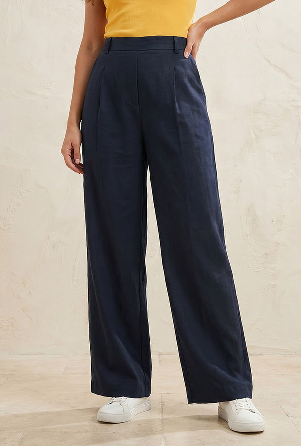Flexi Waist Linen Blend Wide Leg Trousers-women-image-1