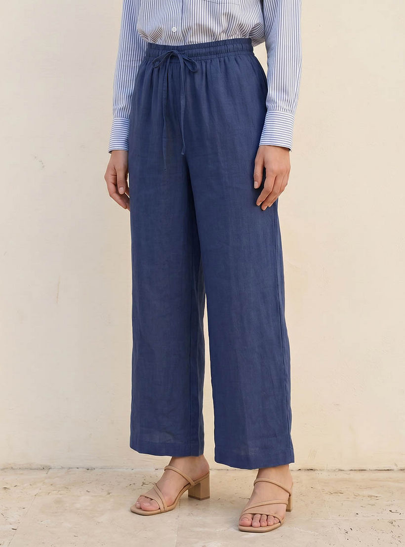 بنطلون من مزيج الكتان سهل الارتداء واسع الساقين بخصر برباط من أساسيات سبلاش-women-clothing-trousers-image-1