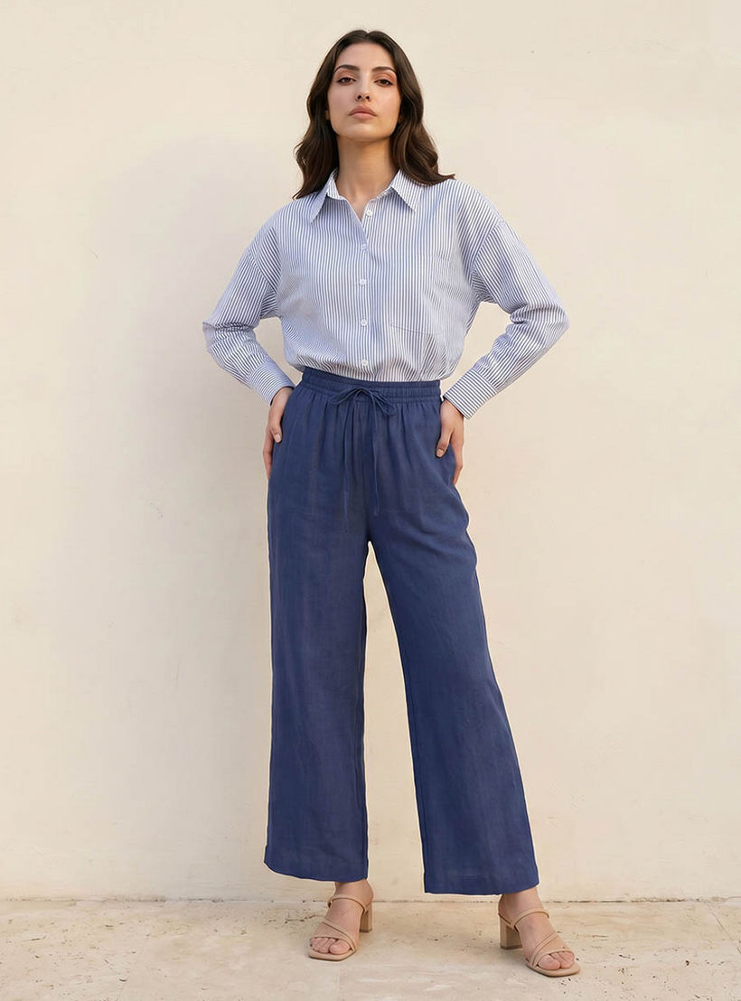 بنطلون من مزيج الكتان سهل الارتداء واسع الساقين بخصر برباط من أساسيات سبلاش-women-clothing-trousers-image-3