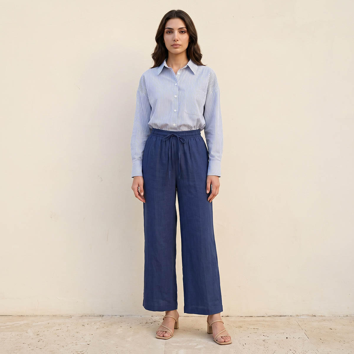 بنطلون من مزيج الكتان سهل الارتداء واسع الساقين بخصر برباط من أساسيات سبلاش-women-clothing-trousers-image-5