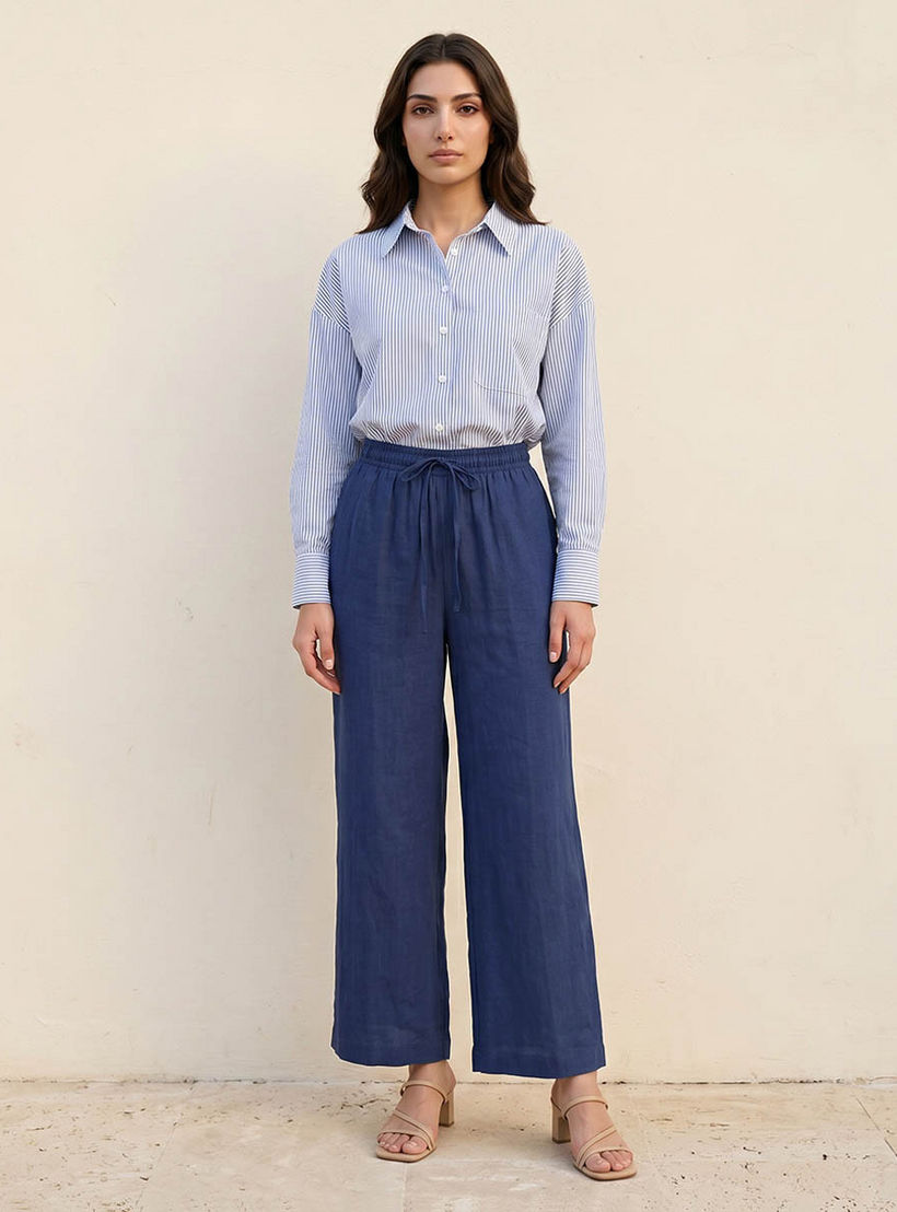 بنطلون من مزيج الكتان سهل الارتداء واسع الساقين بخصر برباط من أساسيات سبلاش-women-clothing-trousers-image-5