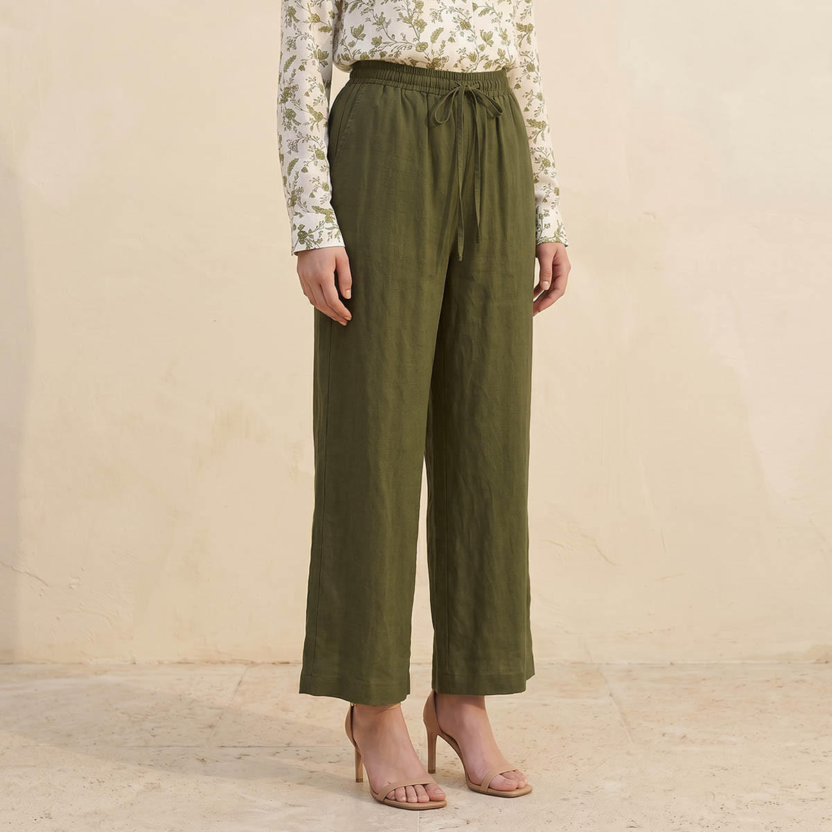Splash Basic Wide Leg Drawstring Waist Linen Blend Pull On Pants-women-clothing-trousers-image-1