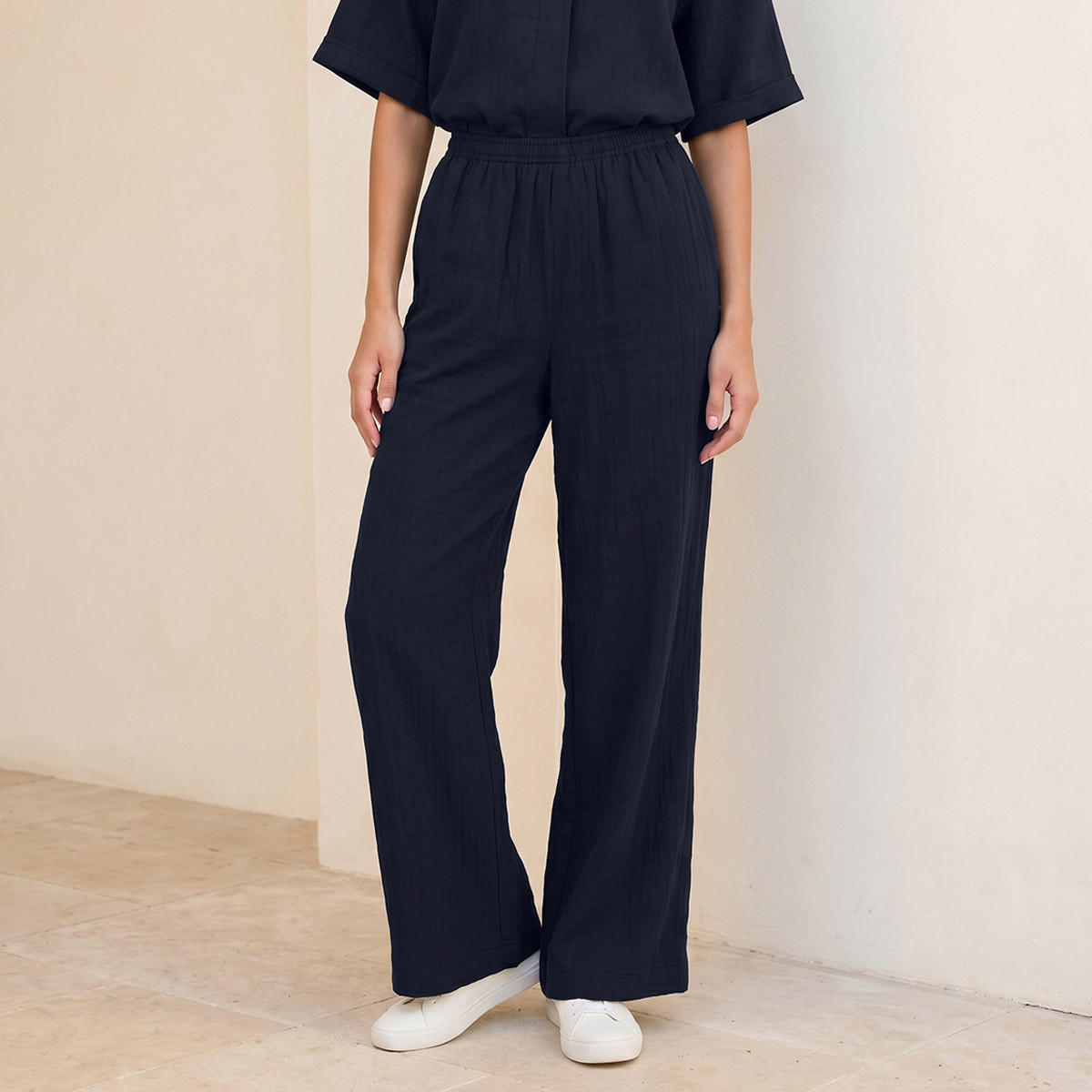 Splash Basic Flexi Waist Textured Slub Trousers-women-clothing-trousers-image-1