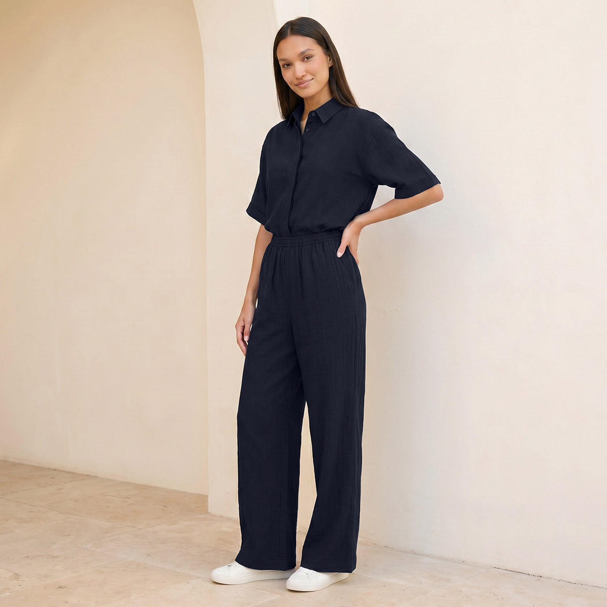 Splash Basic Flexi Waist Textured Slub Trousers-women-clothing-trousers-image-3