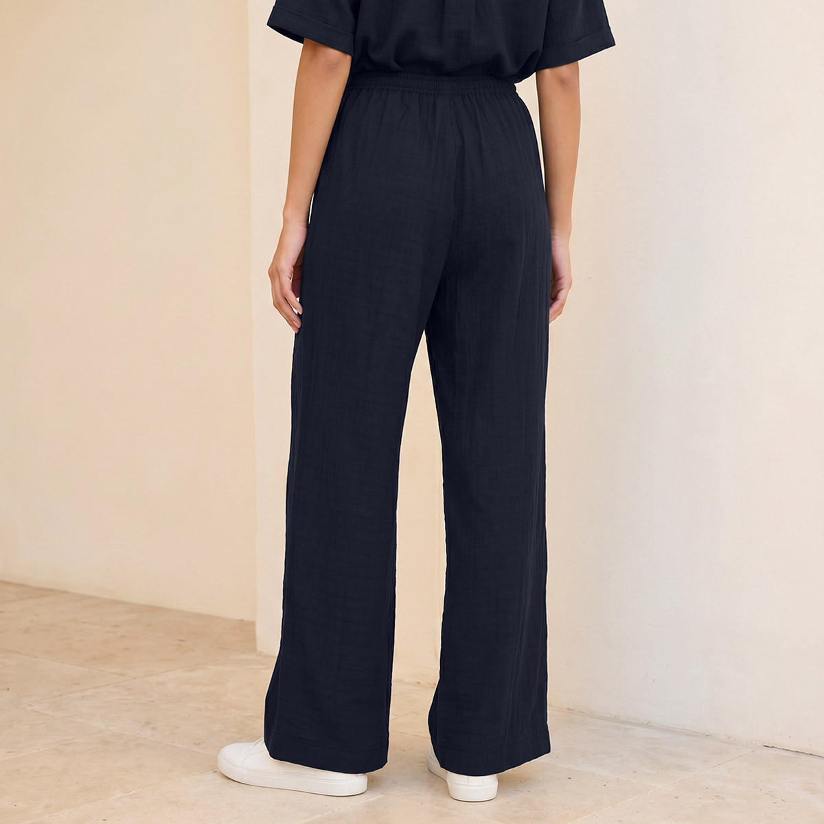 Splash Basic Flexi Waist Textured Slub Trousers-women-clothing-trousers-image-4