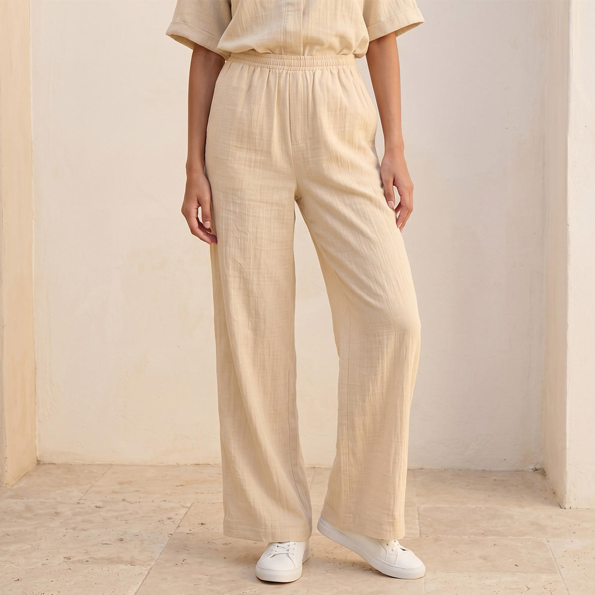 Splash Basic Flexi Waist Textured Slub Trousers-women-clothing-trousers-image-1
