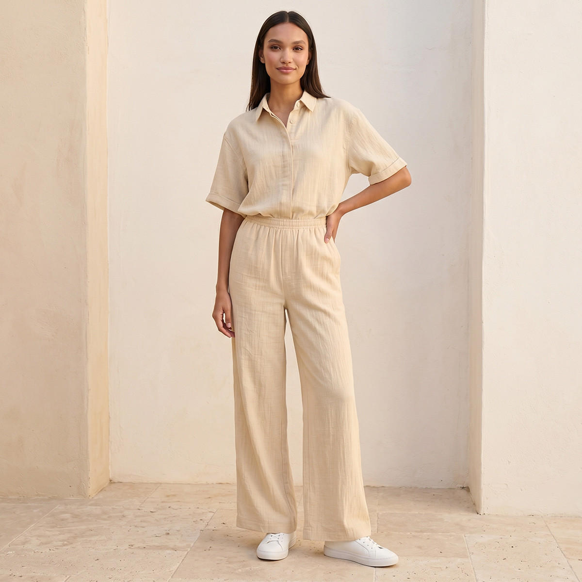 Splash Basic Flexi Waist Textured Slub Trousers-women-clothing-trousers-image-3