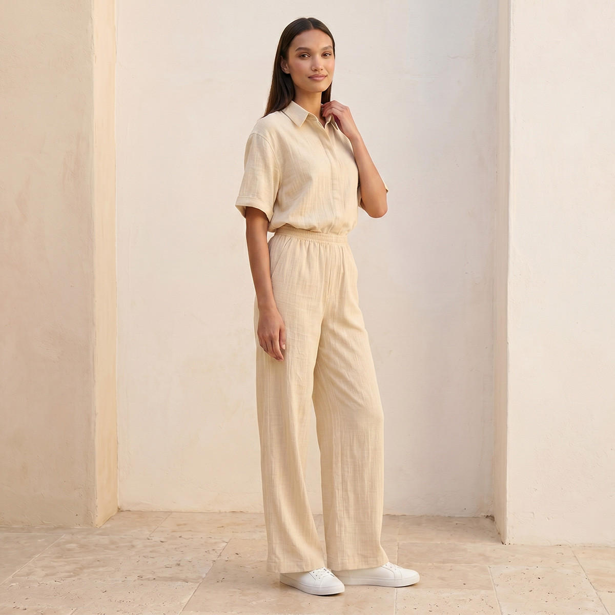 Splash Basic Flexi Waist Textured Slub Trousers-women-clothing-trousers-image-5