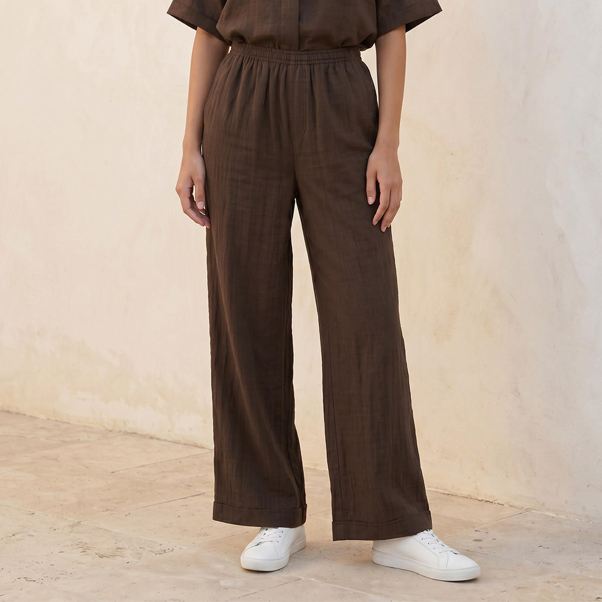Splash Basic Flexi Waist Textured Slub Trousers-women-clothing-trousers-image-1