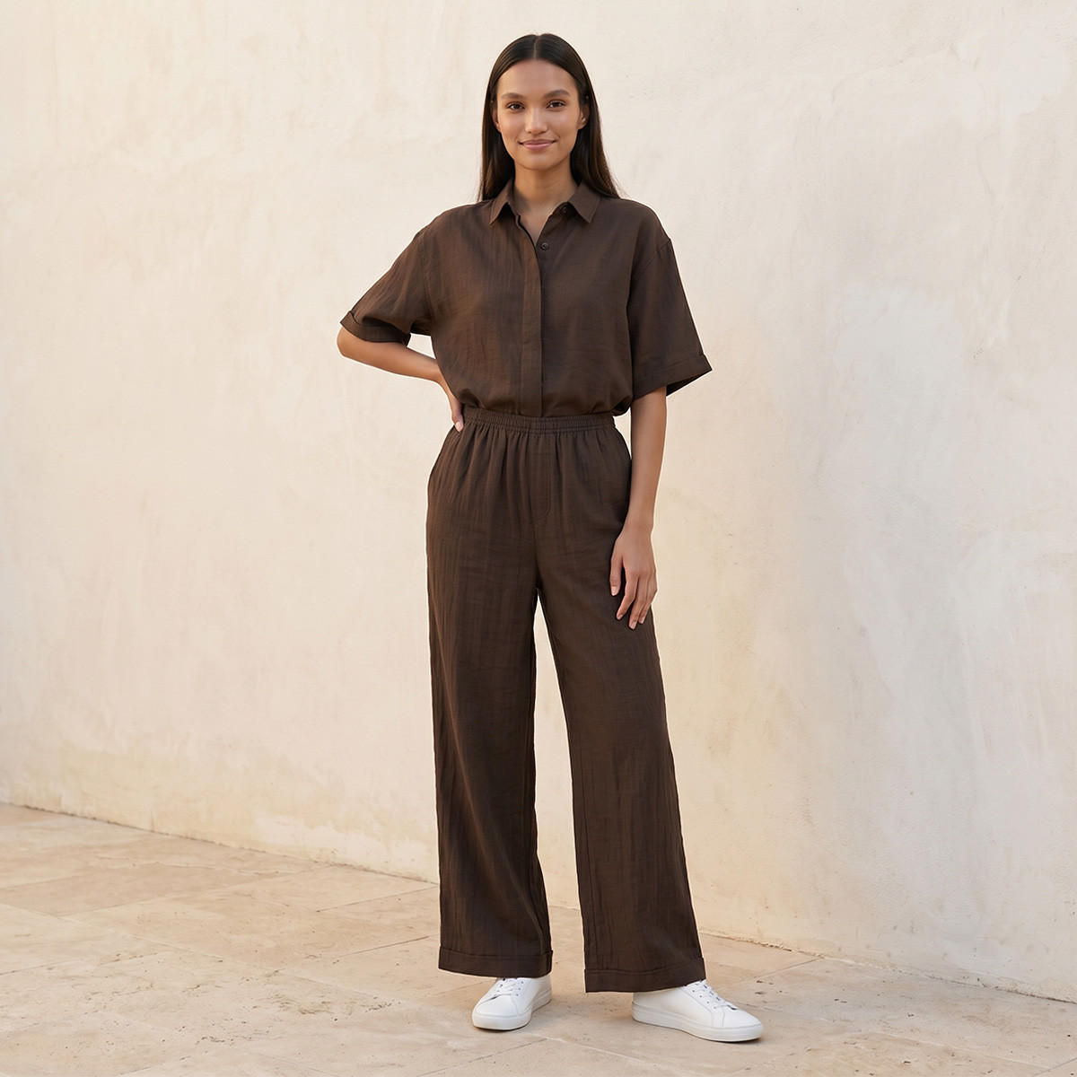 Splash Basic Flexi Waist Textured Slub Trousers-women-clothing-trousers-image-3