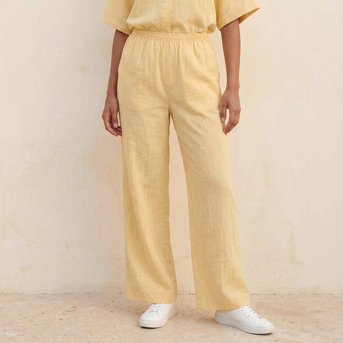 Splash Basic Flexi Waist Textured Slub Trousers-women-clothing-trousers-image-1