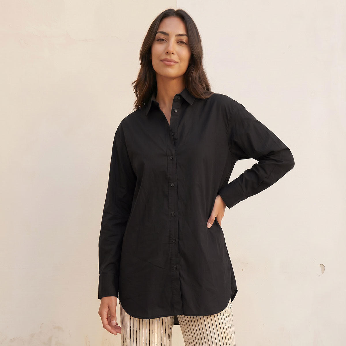 Splash Basic Oversized Shirt with High Low Hem-women-clothing-shirtsandblouses-shirts-image-1